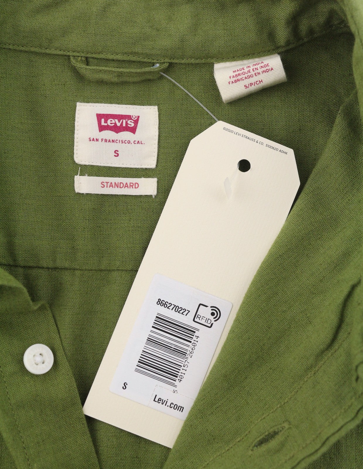 LEVI'S Standard Men Shirt S Green Linen Blend Button Up Short Sleeve