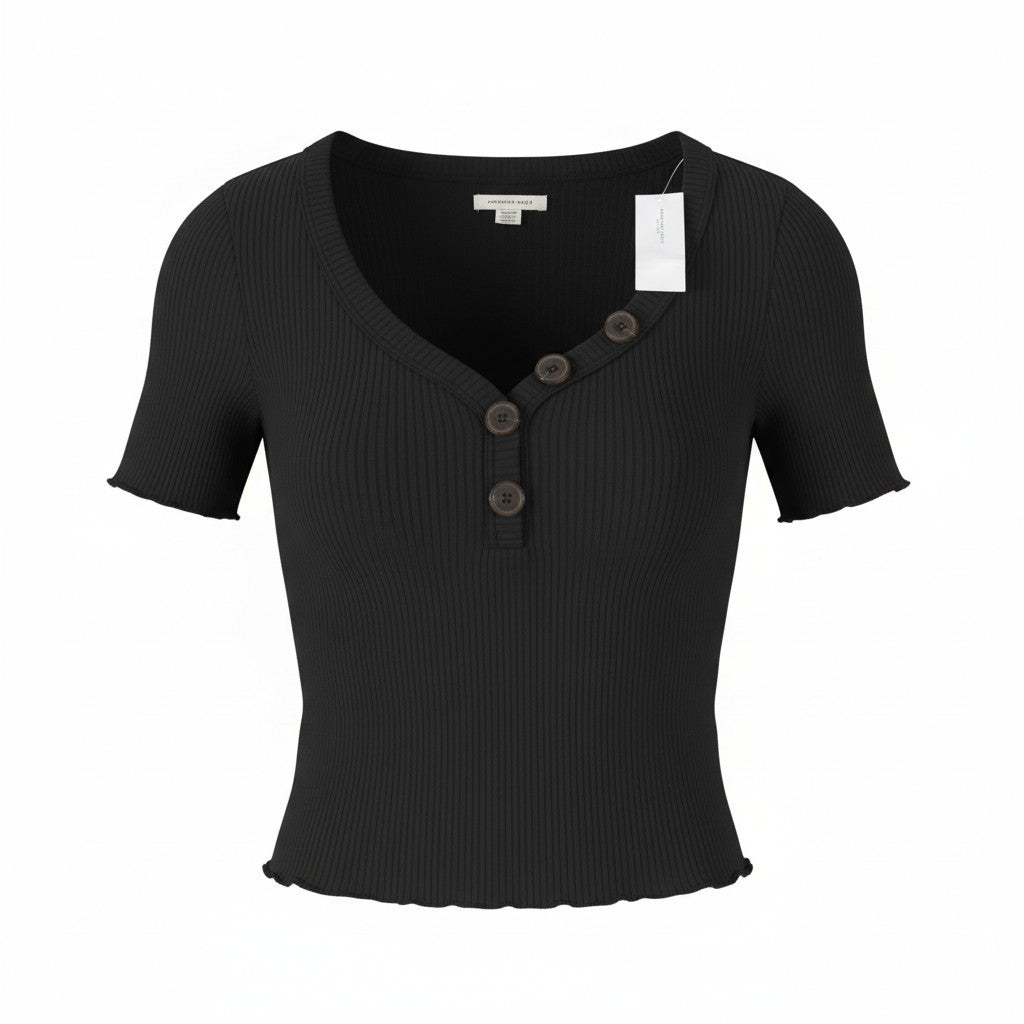 AMERICAN EAGLE OUTFITTERS Women T-Shirt XS Black Ribbed Cropped Short Sleeve