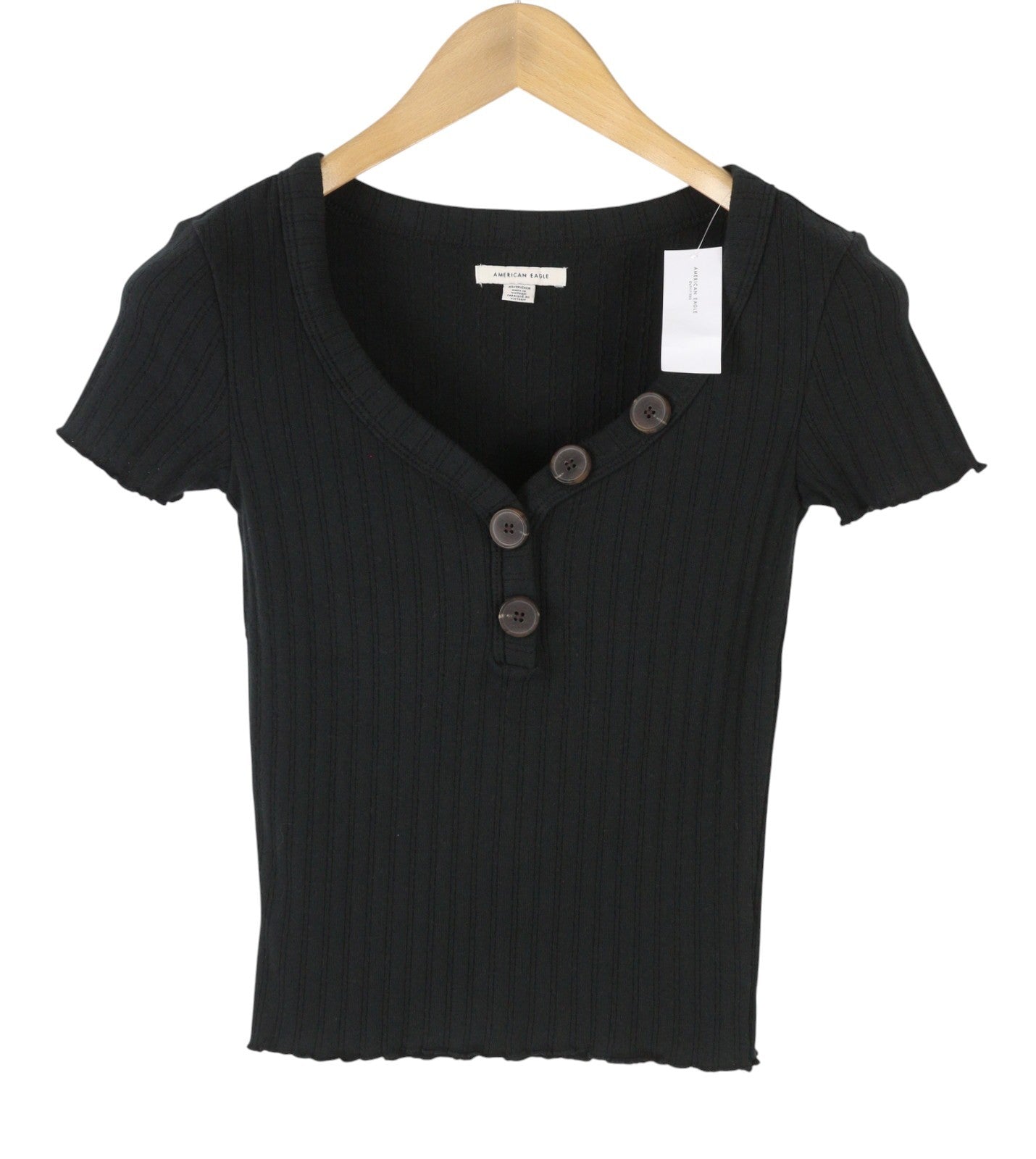 AMERICAN EAGLE OUTFITTERS Women T-Shirt S Black Ribbed Cropped Short Sleeve