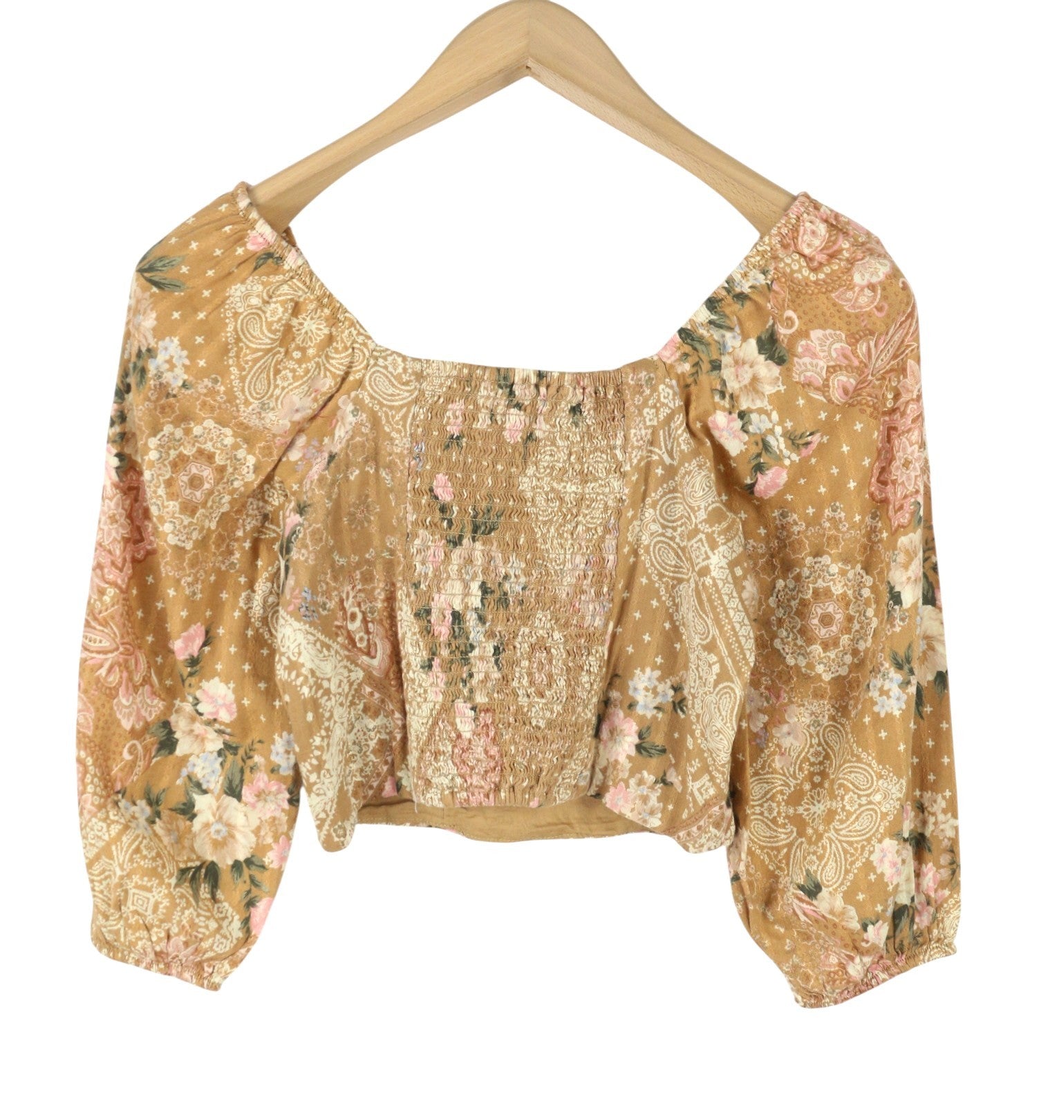 AMERICAN EAGLE OUTFITTERS Women Blouse XS Brown Floral Print Cropped 3/4 Sleeves
