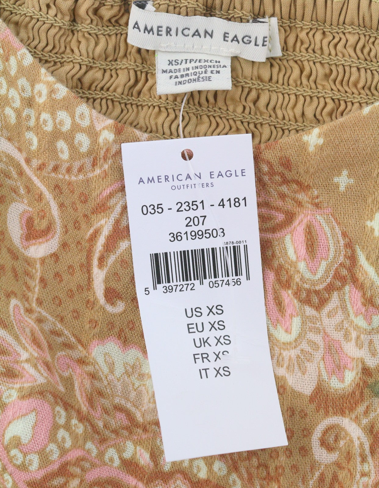 AMERICAN EAGLE OUTFITTERS Women Blouse XS Brown Floral Print Cropped 3/4 Sleeves
