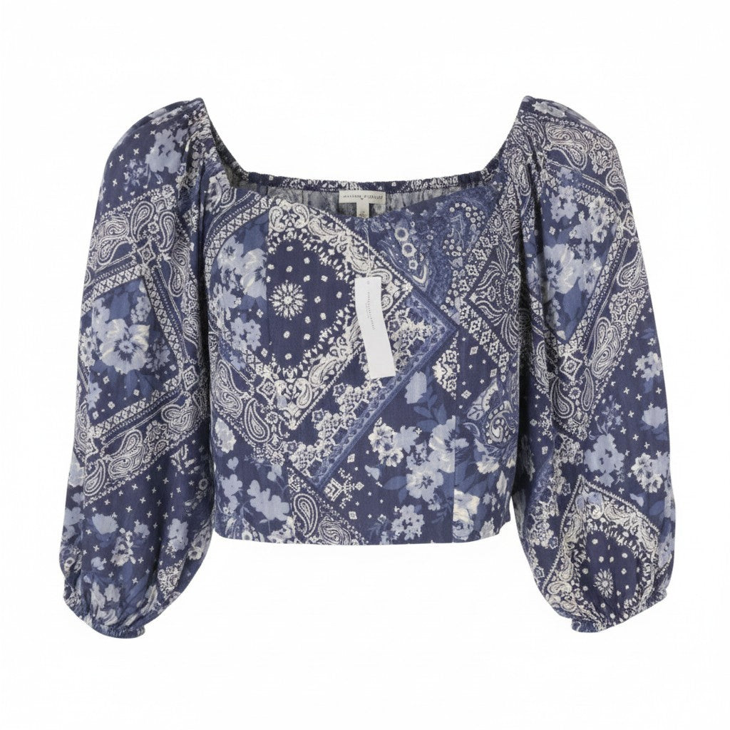 AMERICAN EAGLE OUTFITTERS Women Blouse S Blue Patterned Cropped 3/4 Sleeves