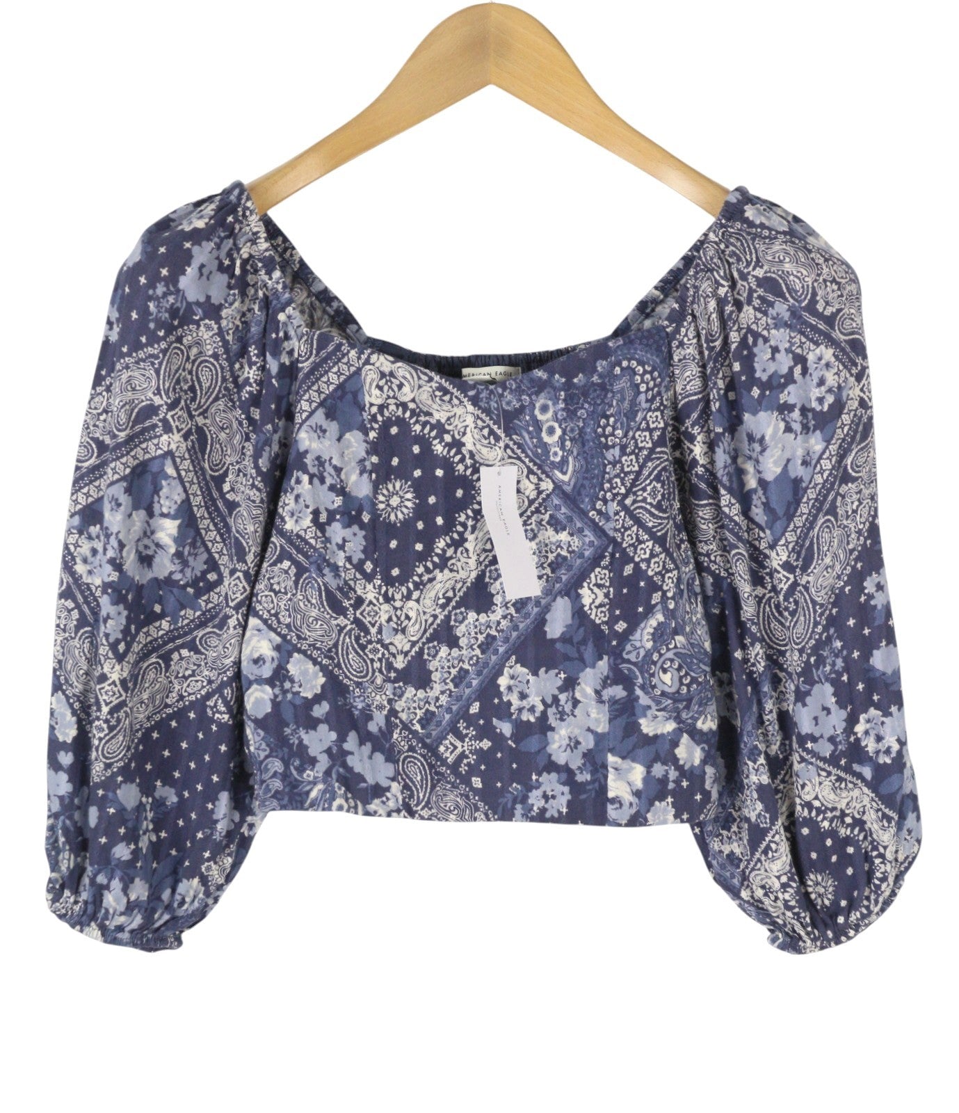 AMERICAN EAGLE OUTFITTERS Women Blouse S Blue Patterned Cropped 3/4 Sleeves