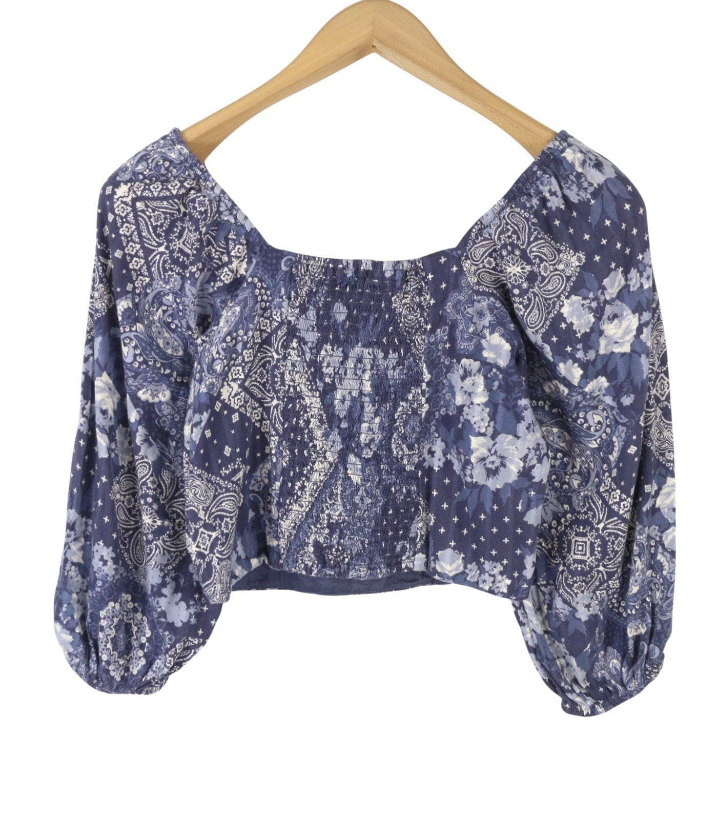 AMERICAN EAGLE OUTFITTERS Women Blouse S Blue Patterned Cropped 3/4 Sleeves