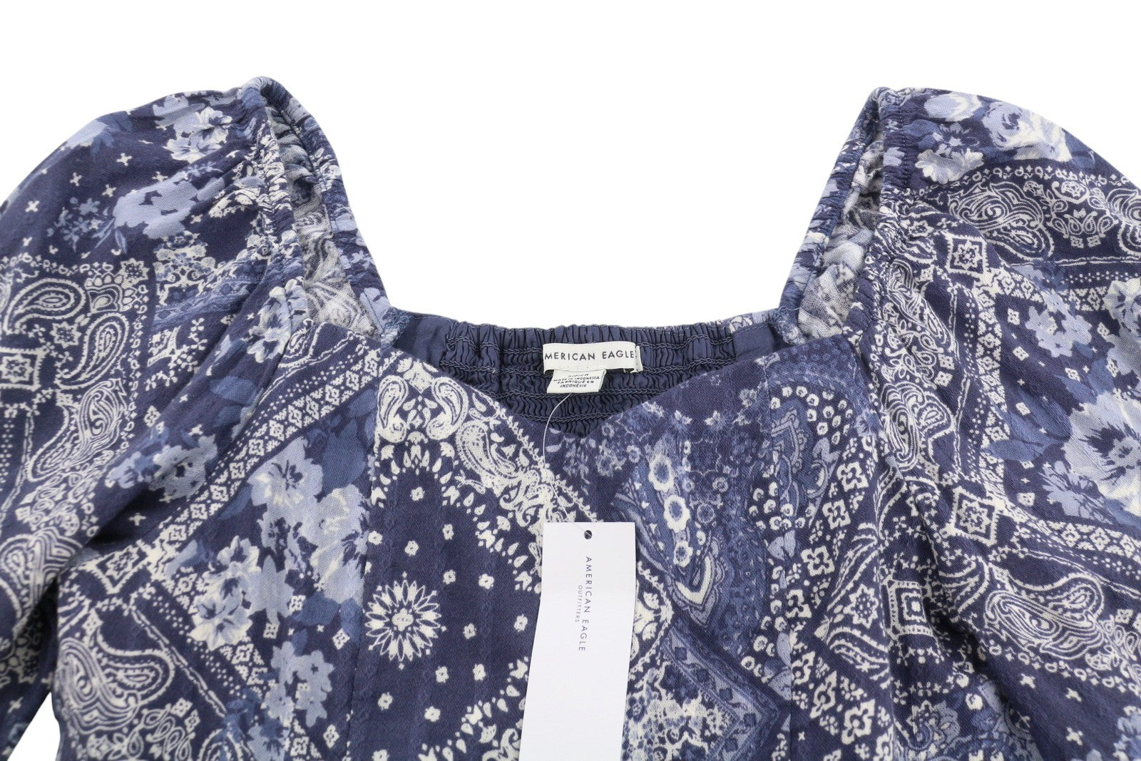 AMERICAN EAGLE OUTFITTERS Women Blouse S Blue Patterned Cropped 3/4 Sleeves