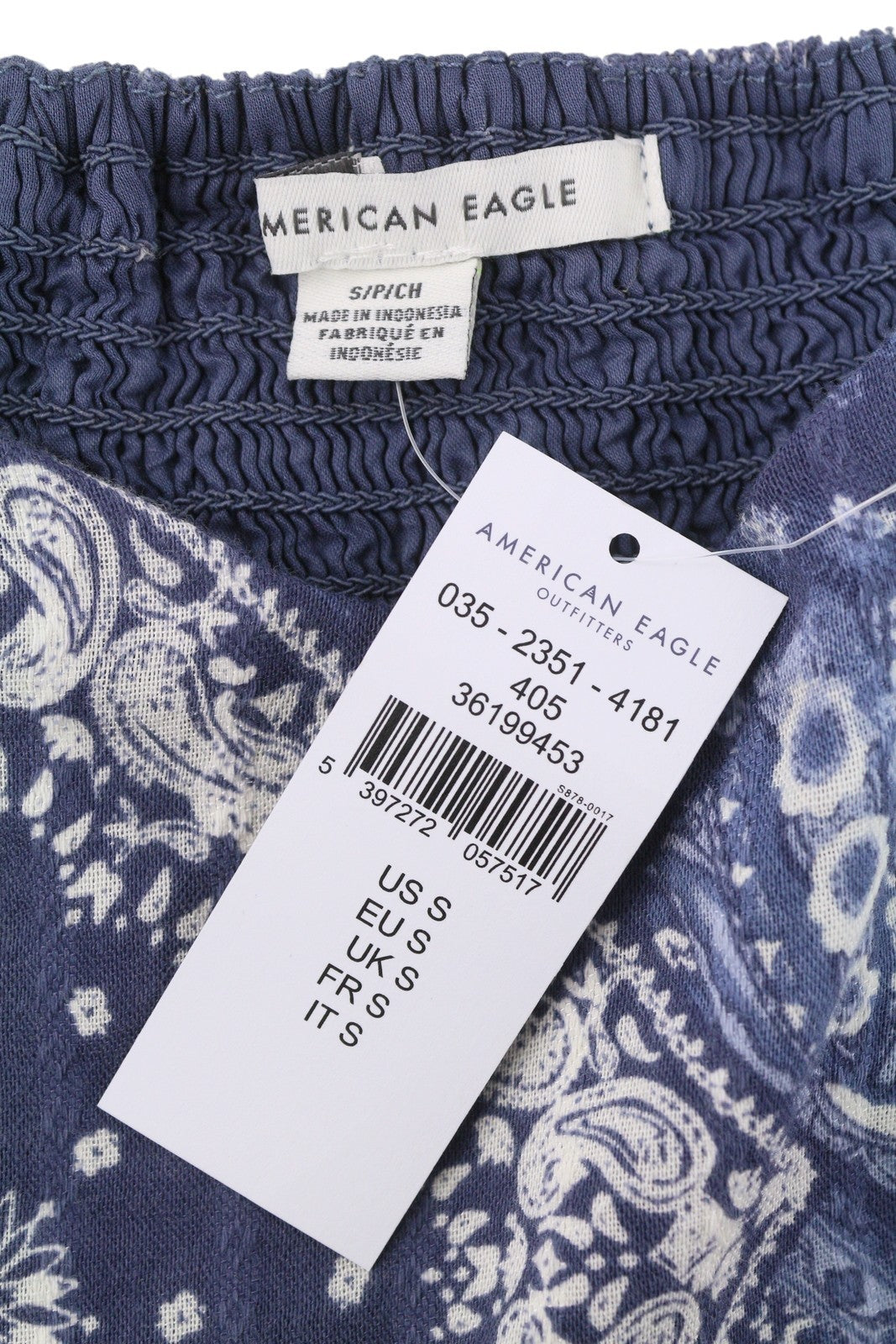 AMERICAN EAGLE OUTFITTERS Women Blouse S Blue Patterned Cropped 3/4 Sleeves