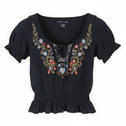 AMERICAN EAGLE OUTFITTERS Women T-Shirt 2XS Dark Blue Embroidered Short Sleeve