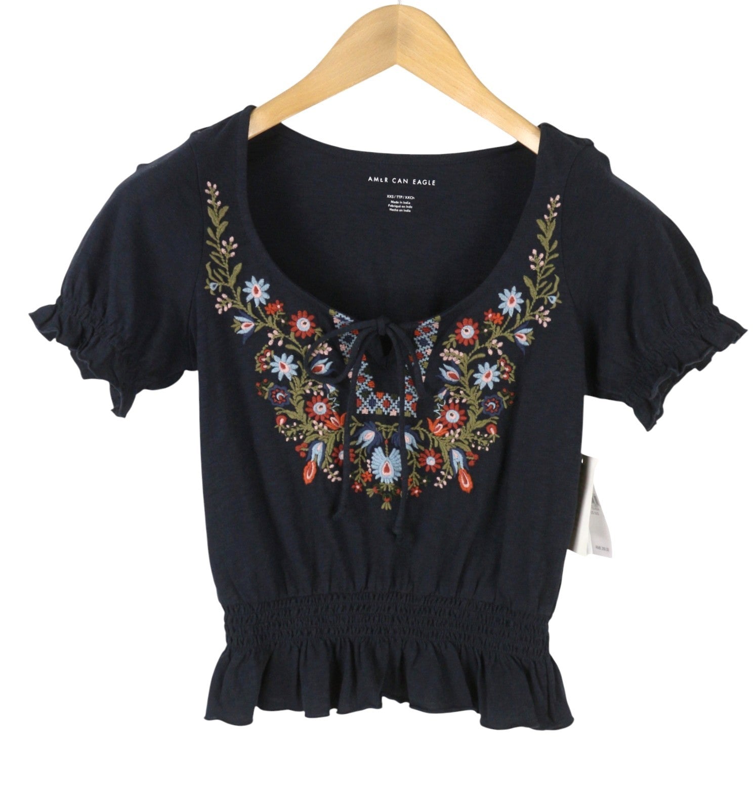 AMERICAN EAGLE OUTFITTERS Women T-Shirt 2XS Dark Blue Embroidered Short Sleeve