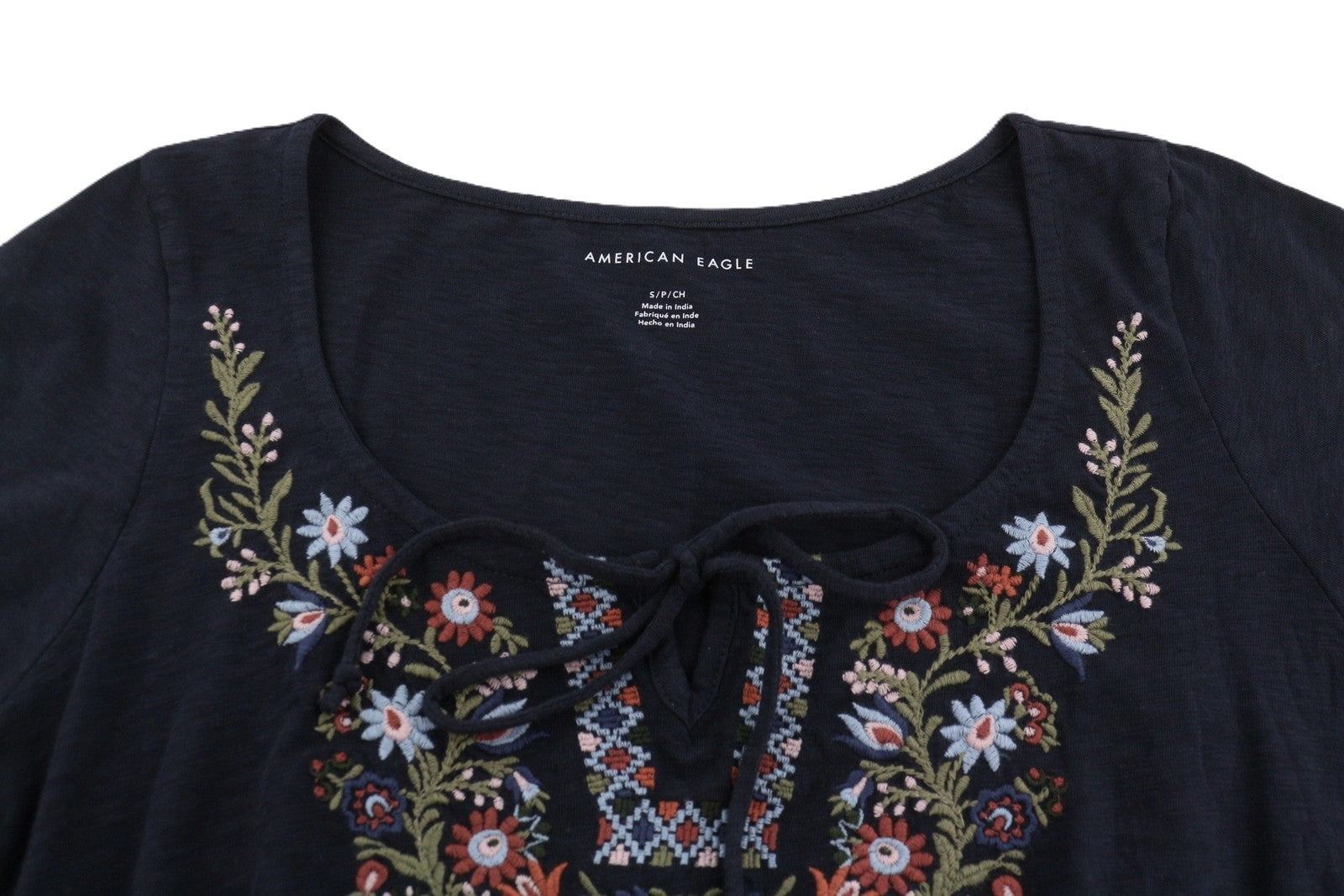 AMERICAN EAGLE OUTFITTERS Women T-Shirt S Dark Blue Embroidered Short Sleeve