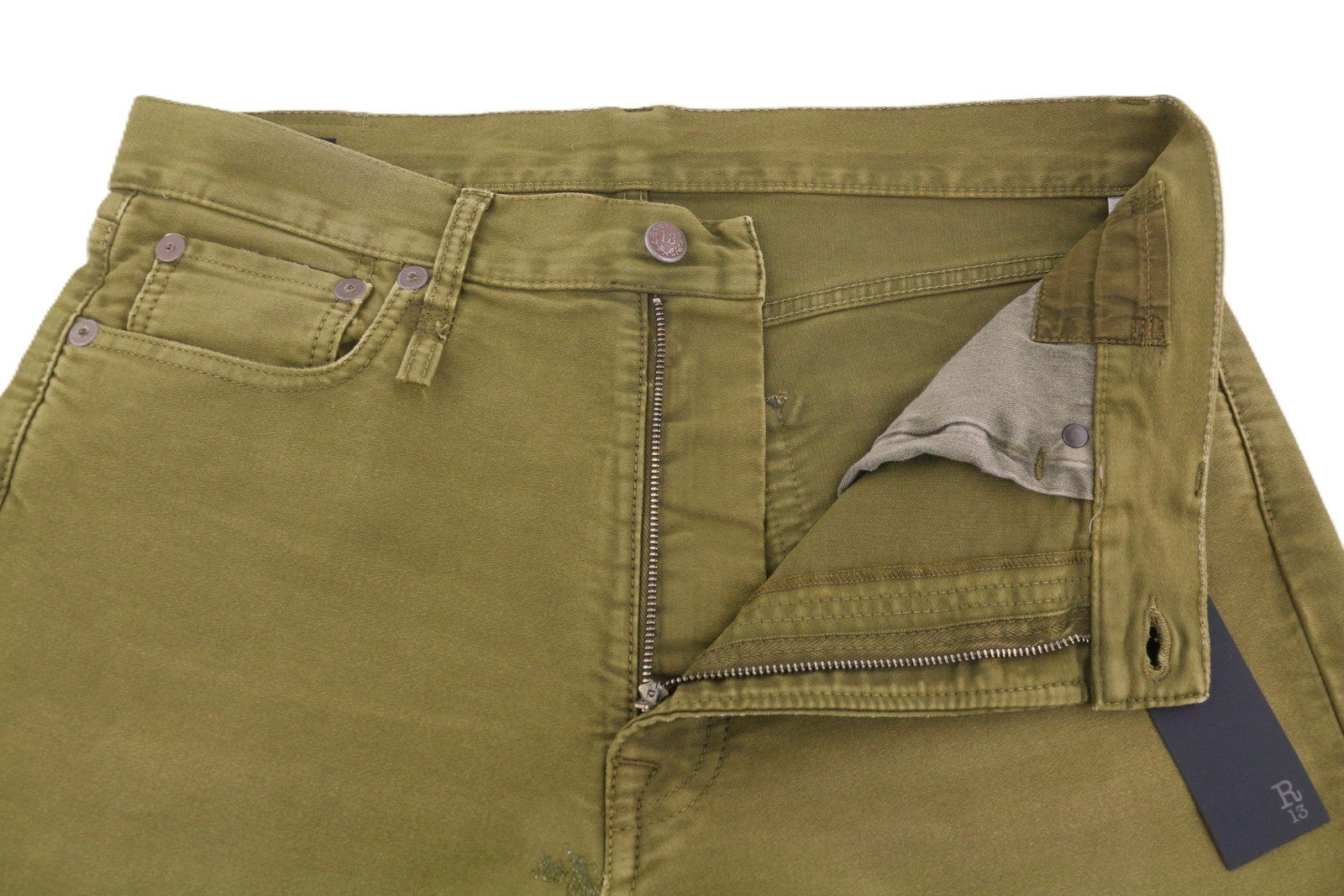 R13 Boyfriend Women Trousers 29 Olive Garment Dyed Moleskin Cropped Faded FW25