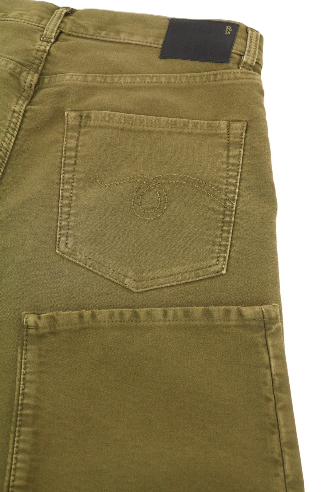 R13 Boyfriend Women Trousers 29 Olive Garment Dyed Moleskin Cropped Faded FW25