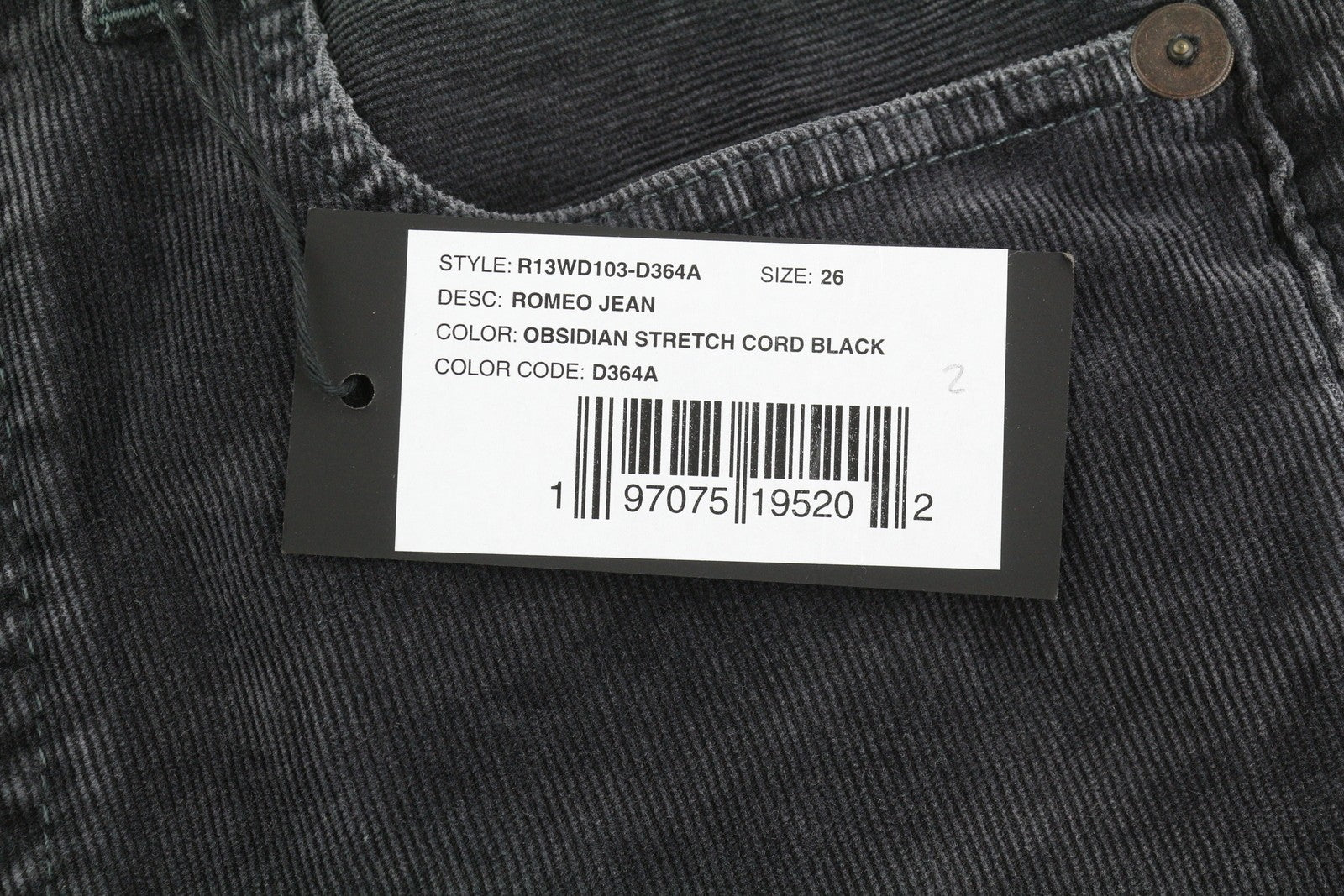 R13 Romeo Women Trousers 26 Obsidian Stretch Cord Faded Grey Cropped Ankle FW25