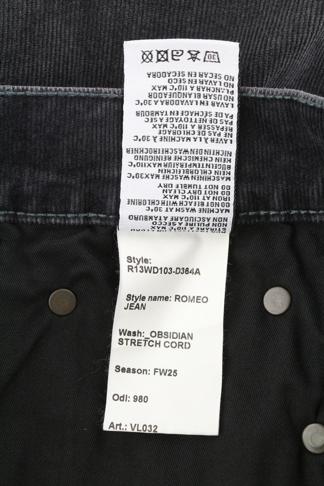 R13 Romeo Women Trousers 26 Obsidian Stretch Cord Faded Grey Cropped Ankle FW25