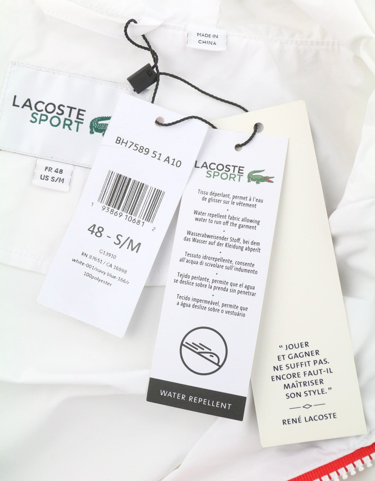 LACOSTE Sport Men Jacket S/M White Water Repellent Hooded Lightweight RRP299