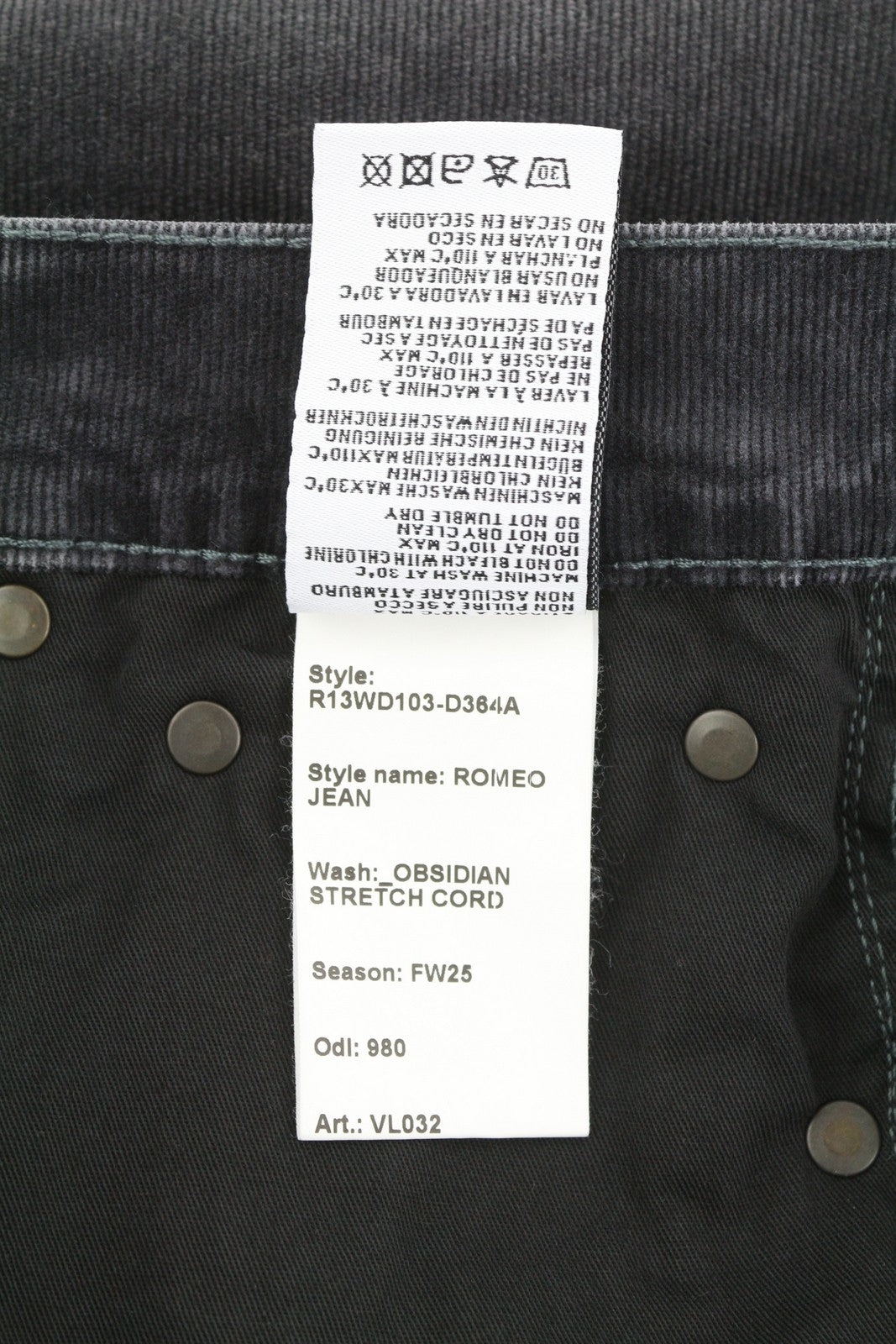 R13 Romeo Women Trousers 25 Obsidian Stretch Cord Faded Grey Cropped Ankle FW25