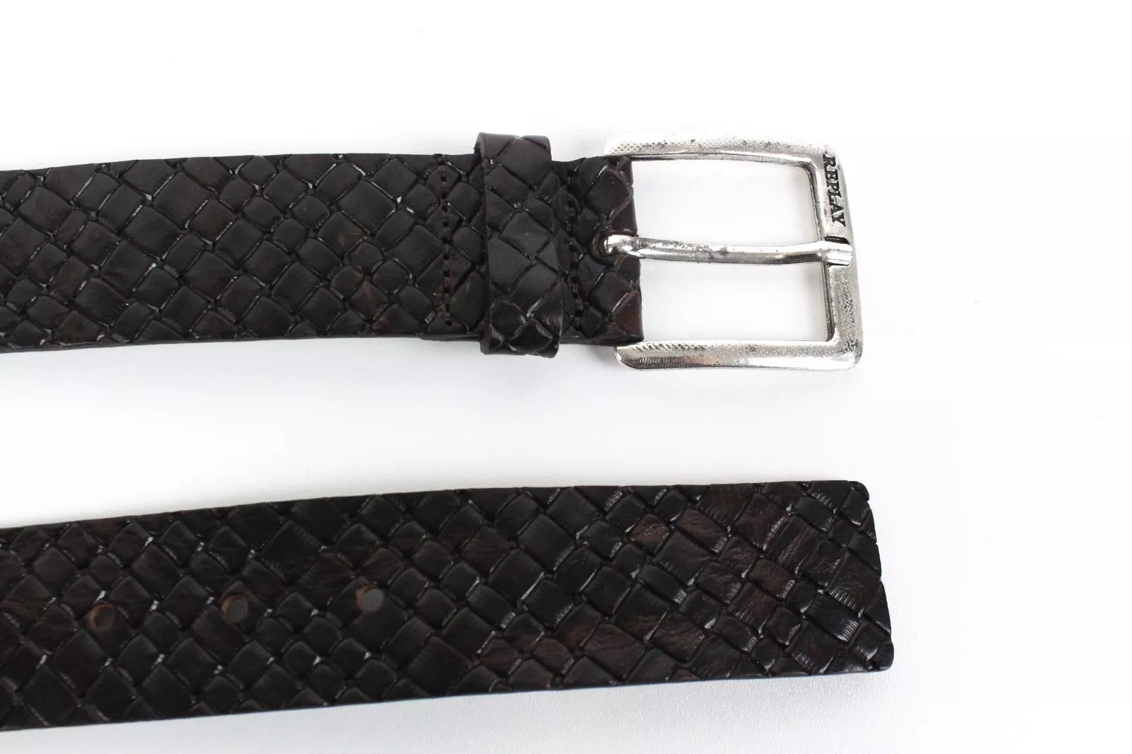 REPLAY Men Belt 85 cm Brown Patterned Genuine Cow Leather Squared-End Buckle