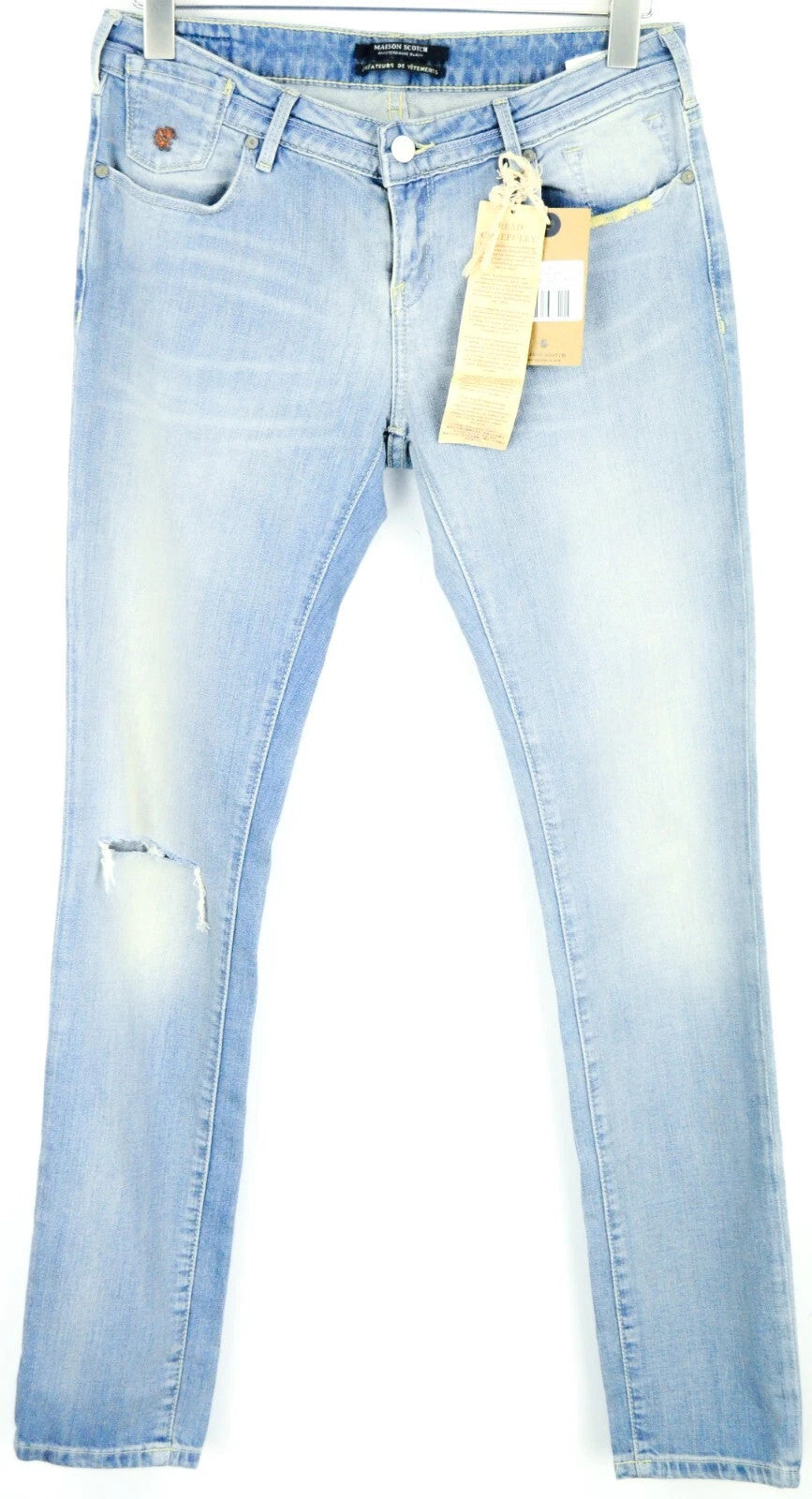 MAISON SCOTCH Women Jeans W30/L34 Slim Fit Cotton Stretch Washed Blue Ripped