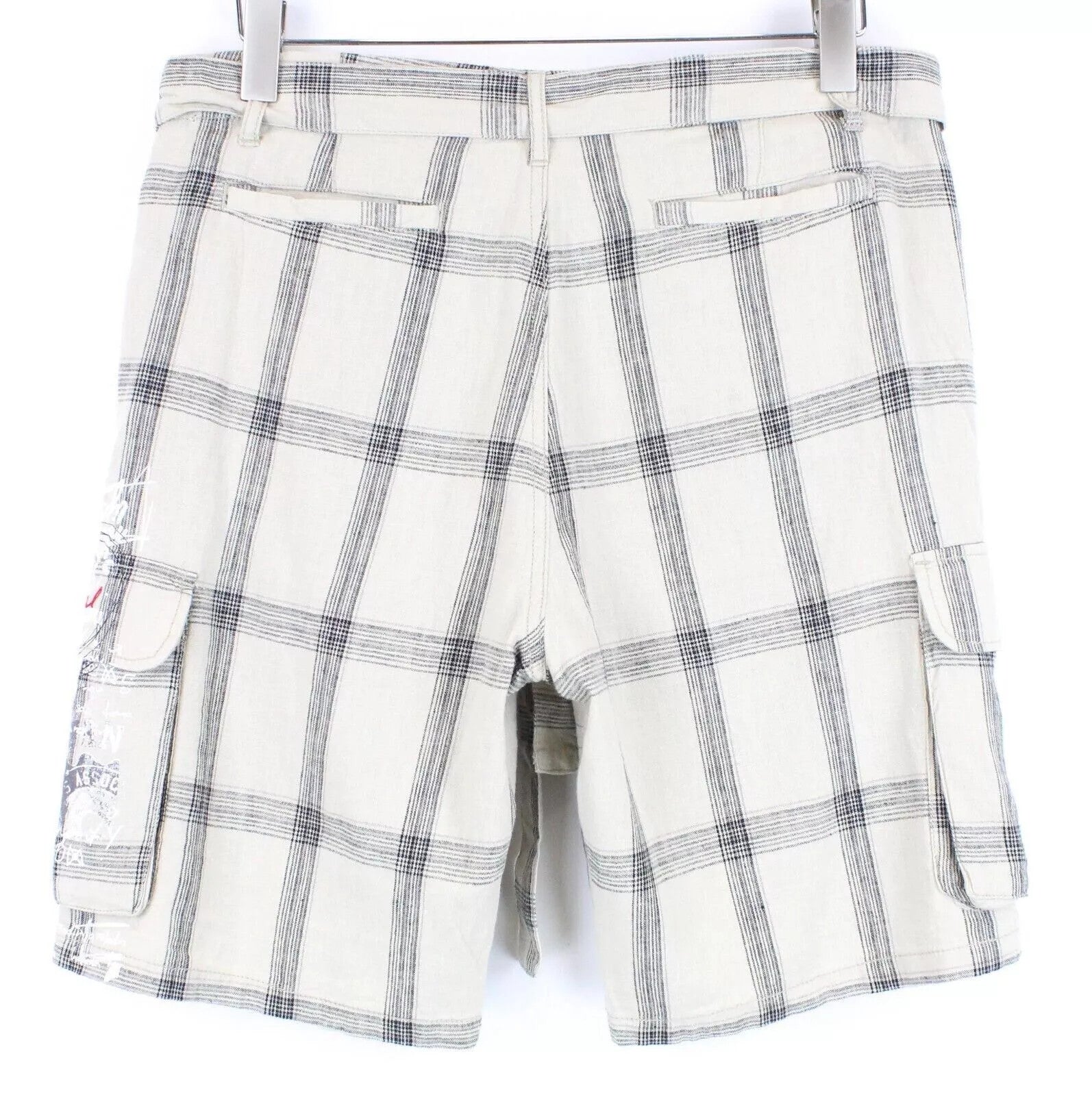 DESIGUAL Marc Men Shorts W32 Checked Pattern Linen Cotton Summer Sand Brown