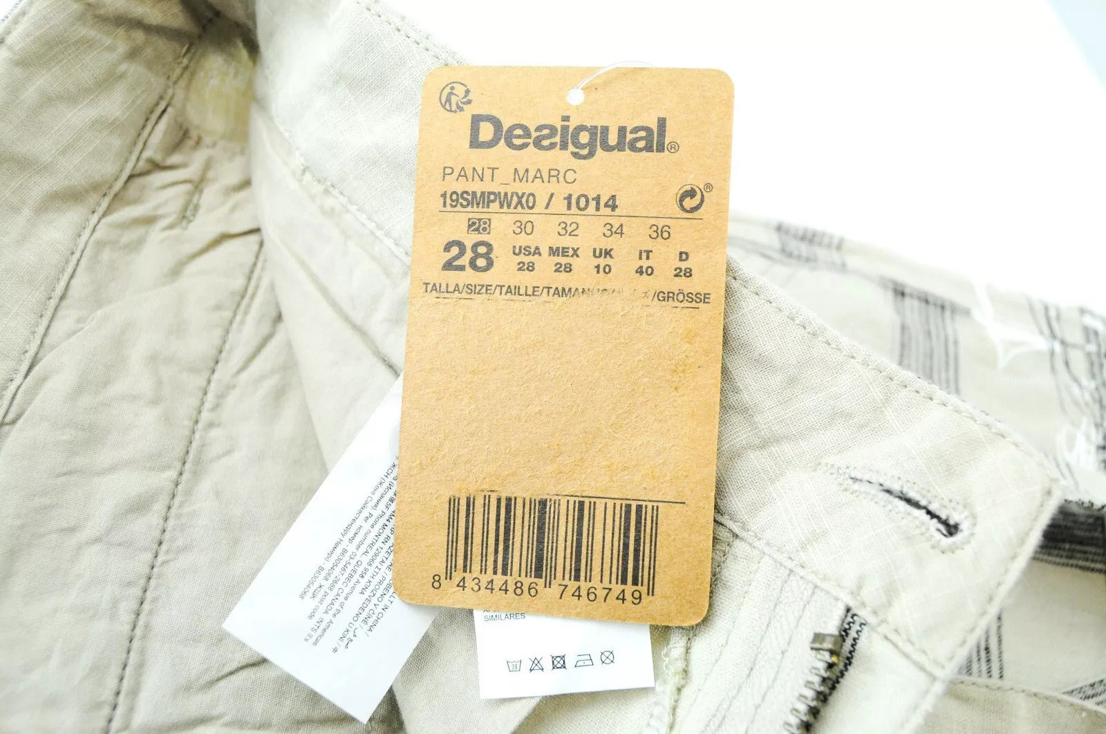 DESIGUAL Marc Men Shorts W32 Checked Pattern Linen Cotton Summer Sand Brown