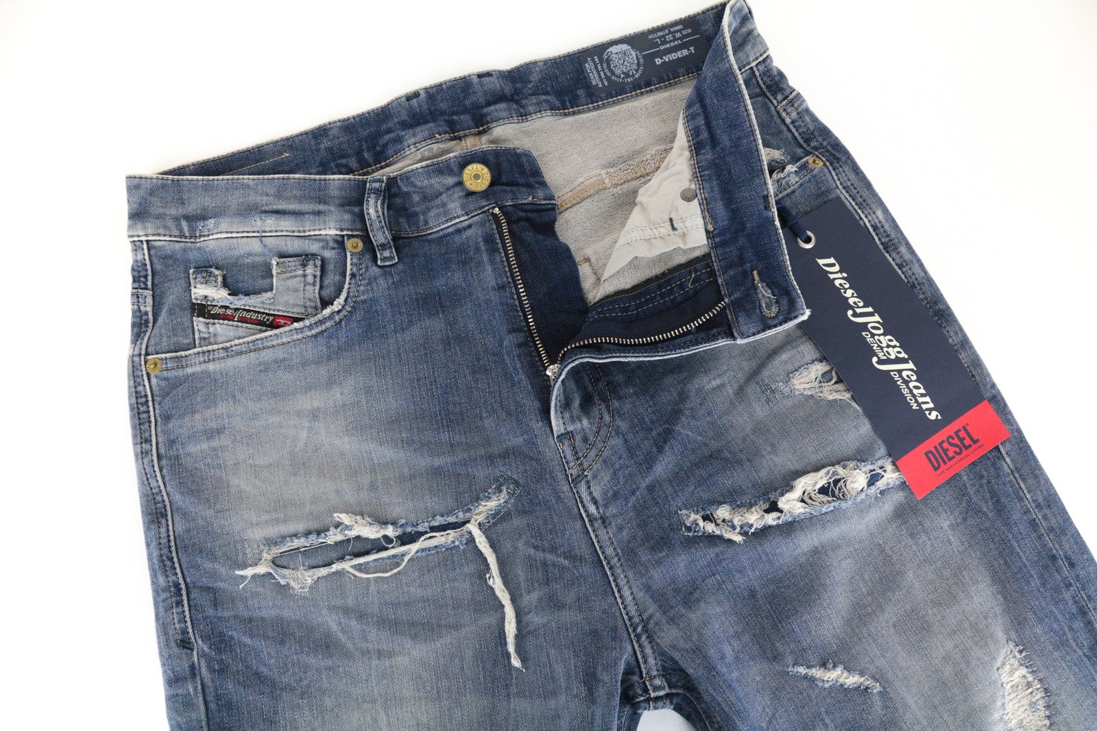 DIESEL D-Vider-T 0890A Men Jeans W32 Sweat Jogg Carrot Stretch Blue Ripped