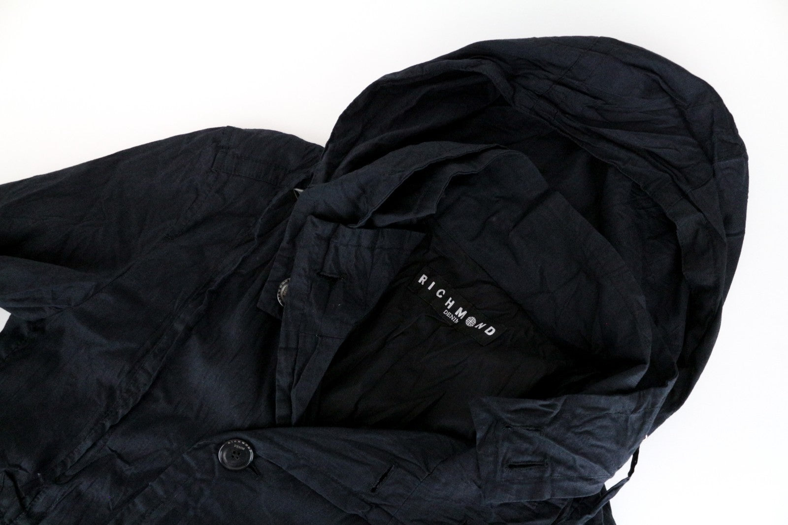 RICHMOND Men Jacket IT48 Black Double-Breasted Crinkled Cotton Blended Hood