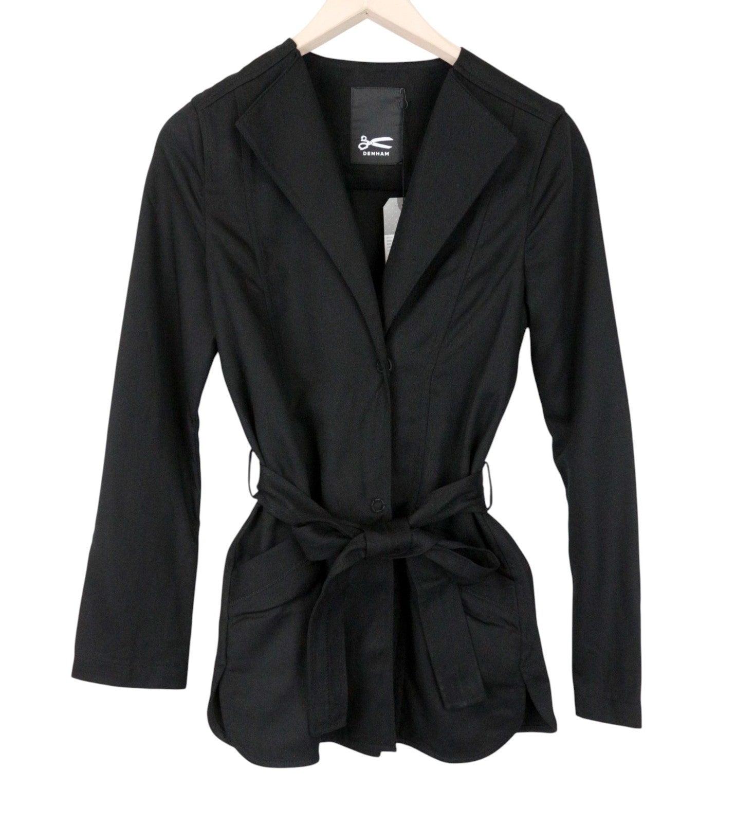DENHAM Moonlight Women Jacket XS Solid Cinder Black Belted Buttoned Collared