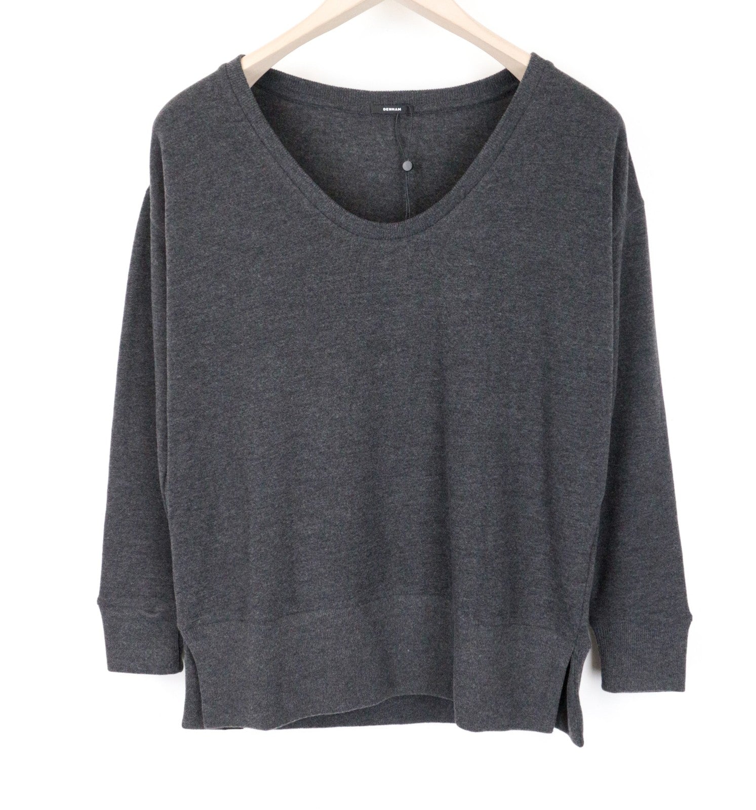 DENHAM Showa Women Jumper XS Charcoal Grey Scoop Sweater Tight-Knitted Stretch
