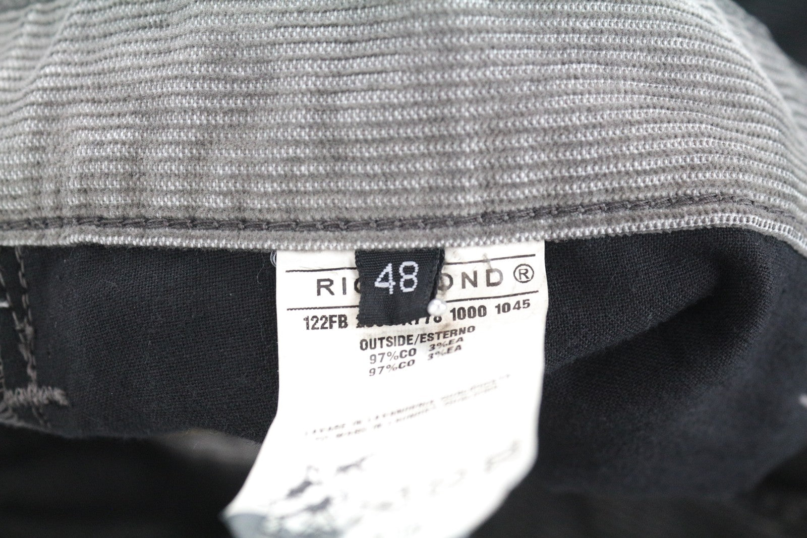 RICHMOND Men Trousers 48 Grey Slim Fit Cotton Stretch Casual Corduroy