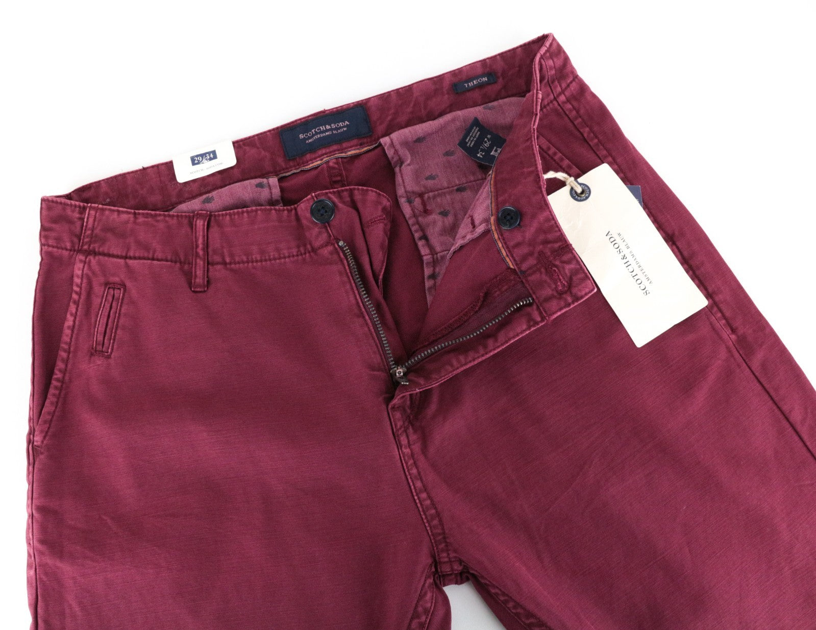 SCOTCH & SODA Theon Men Trousers W29/L34 Slim Tapered Non-Stretch Dyed Burgundy