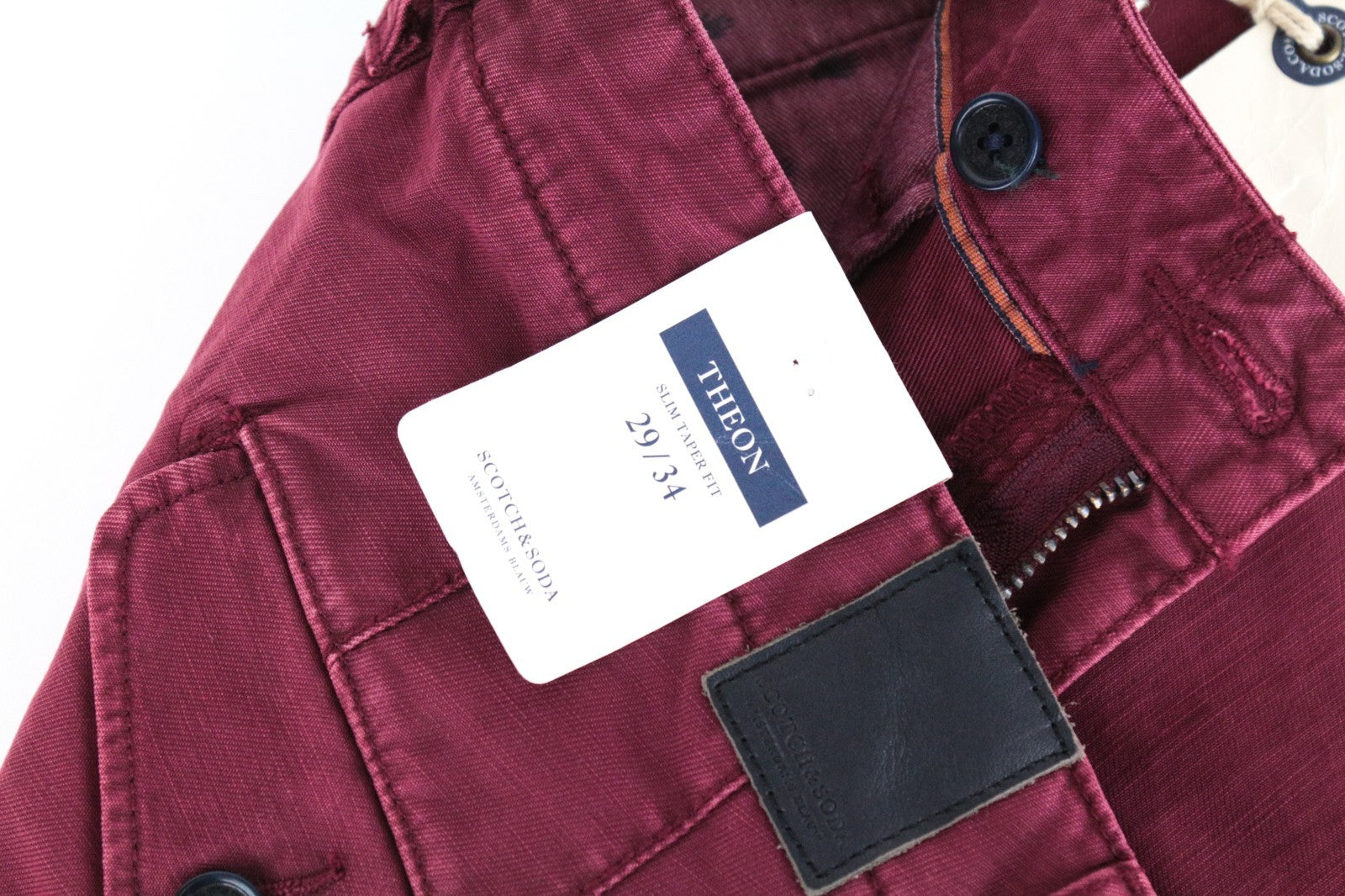 SCOTCH & SODA Theon Men Trousers W29/L34 Slim Tapered Non-Stretch Dyed Burgundy