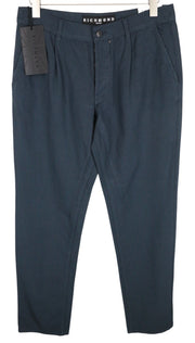 RICHMOND Men Trousers IT48 Loose Fit Buttoned Pleated Chino Classic Blue Linen