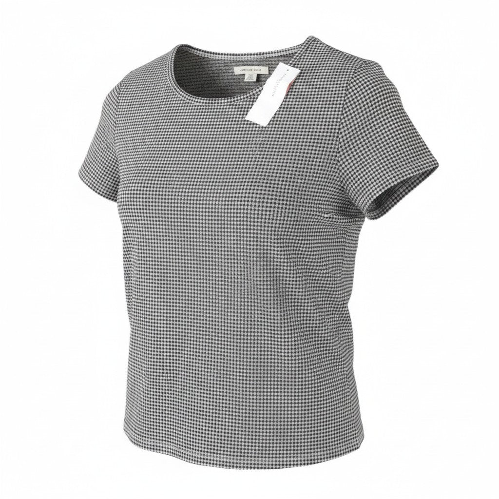 AMERICAN EAGLE OUTFITTERS Women T-Shirt L Black Plaid Pattern Crew Short Sleeve