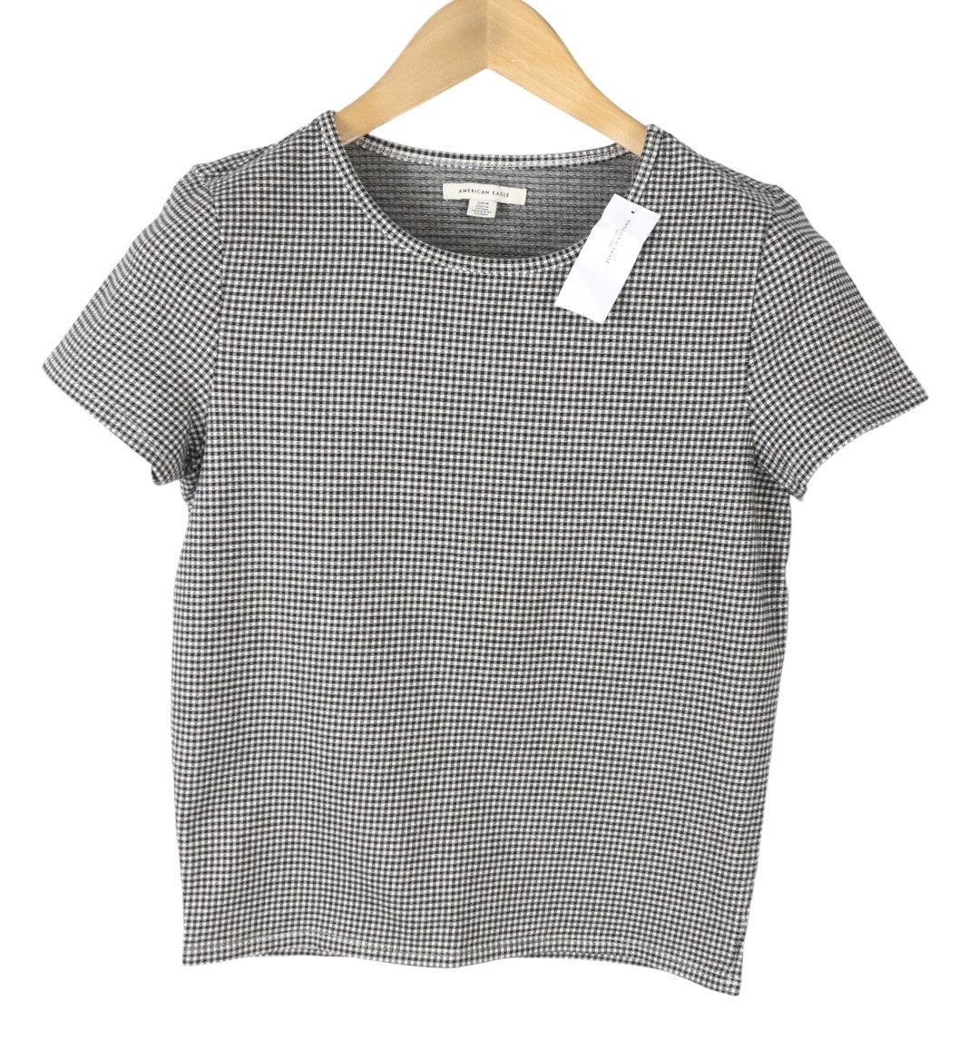 AMERICAN EAGLE OUTFITTERS Women T-Shirt L Black Plaid Pattern Crew Short Sleeve
