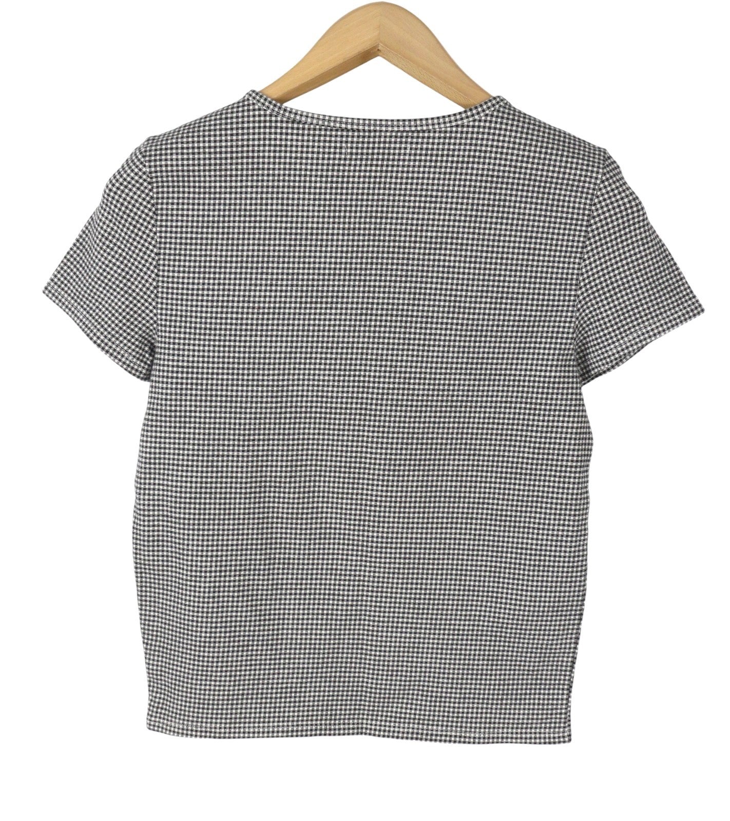 AMERICAN EAGLE OUTFITTERS Women T-Shirt L Black Plaid Pattern Crew Short Sleeve