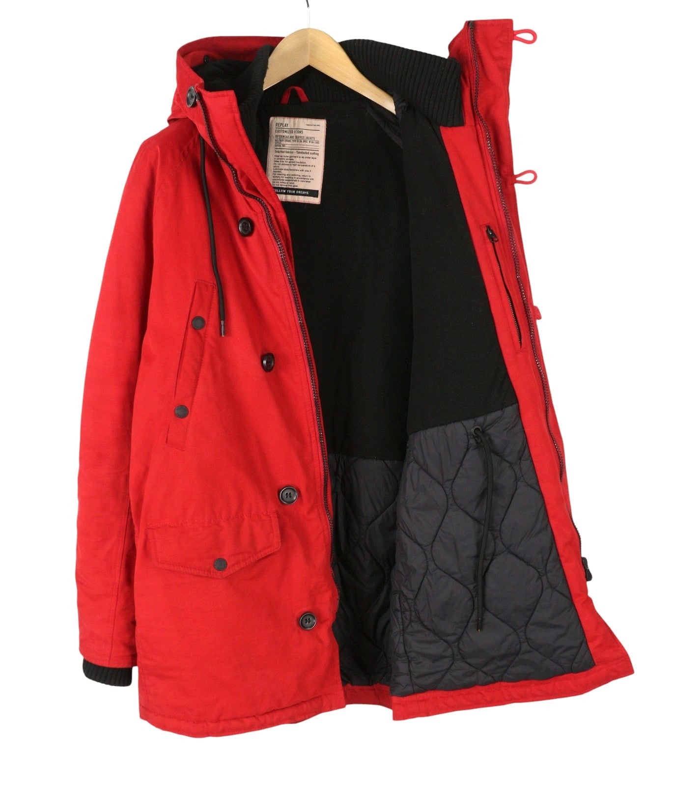 REPLAY M8869 Men Jacket XL Red Hooded Padded Full Zip Mid Length Parka