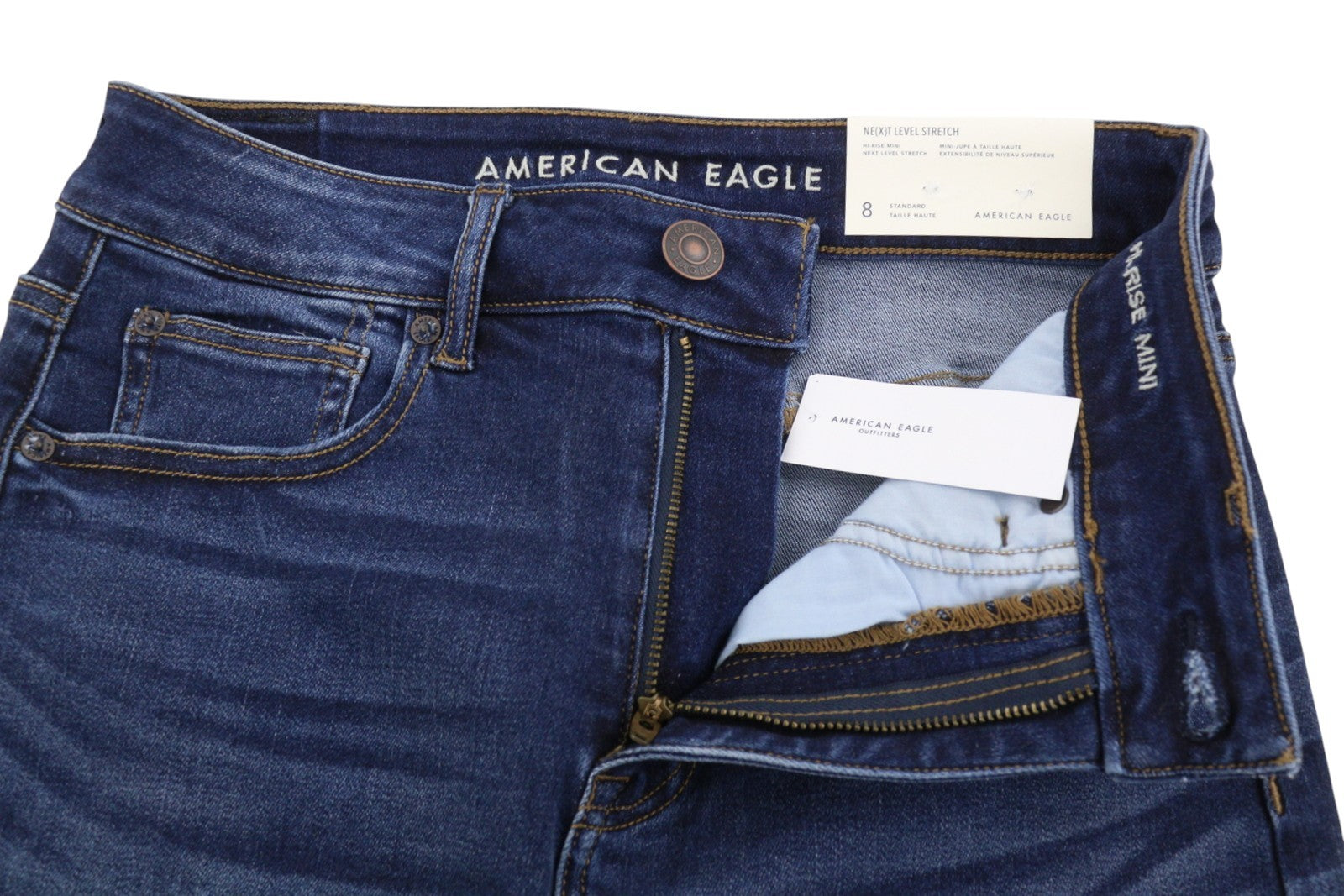 AMERICAN EAGLE OUTFITTERS Hi-Rise Mini Women Skirt UK12 W28 Blue Faded Stretch