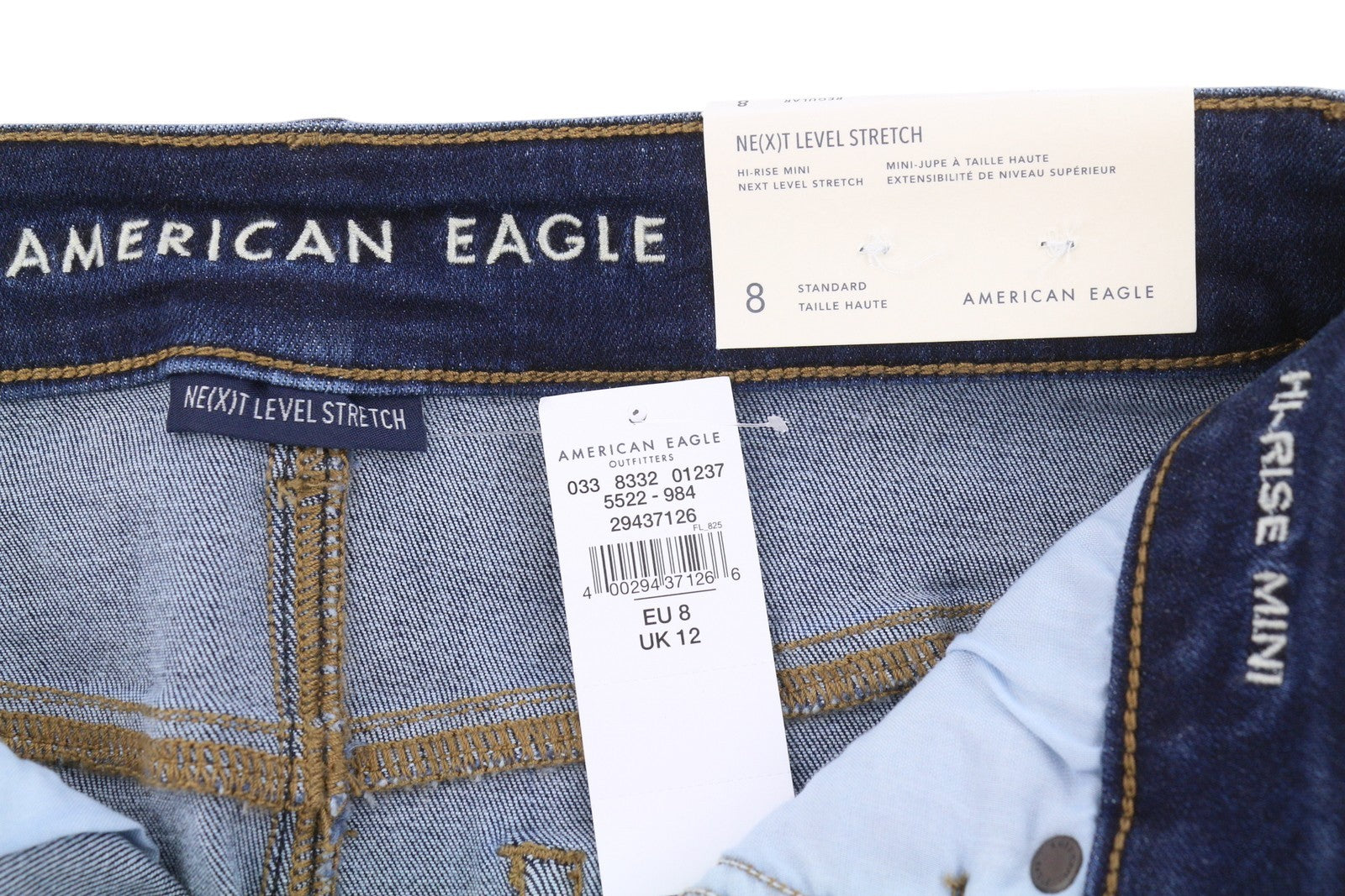 AMERICAN EAGLE OUTFITTERS Hi-Rise Mini Women Skirt UK12 W28 Blue Faded Stretch