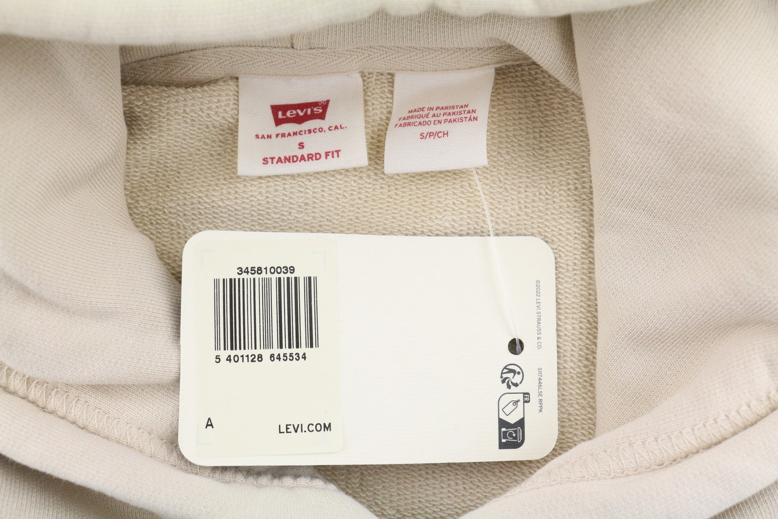 LEVI'S Standard Fit Men Hoodie S Beige Kangaroo Pocket Pull On