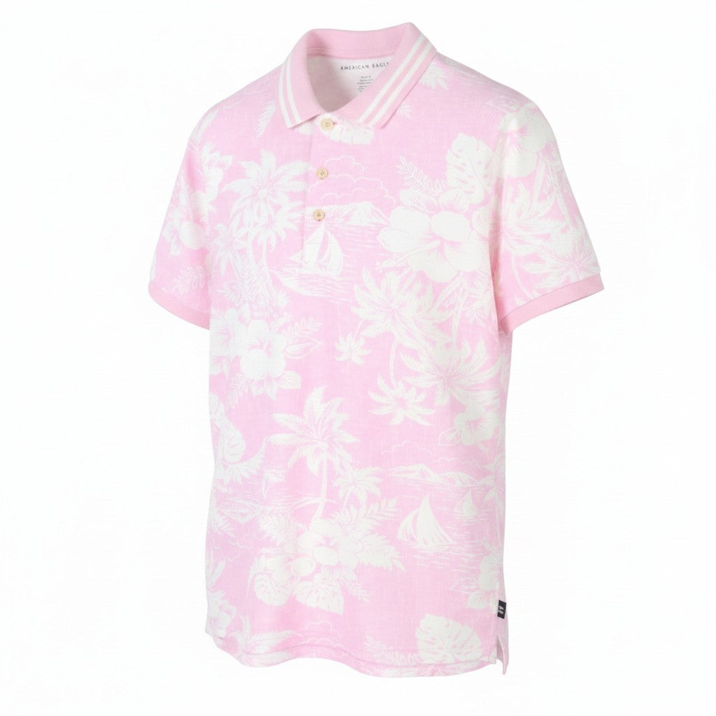 AMERICAN EAGLE OUTFITTERS Men Polos M Pink Floral Pattern Short Sleeves