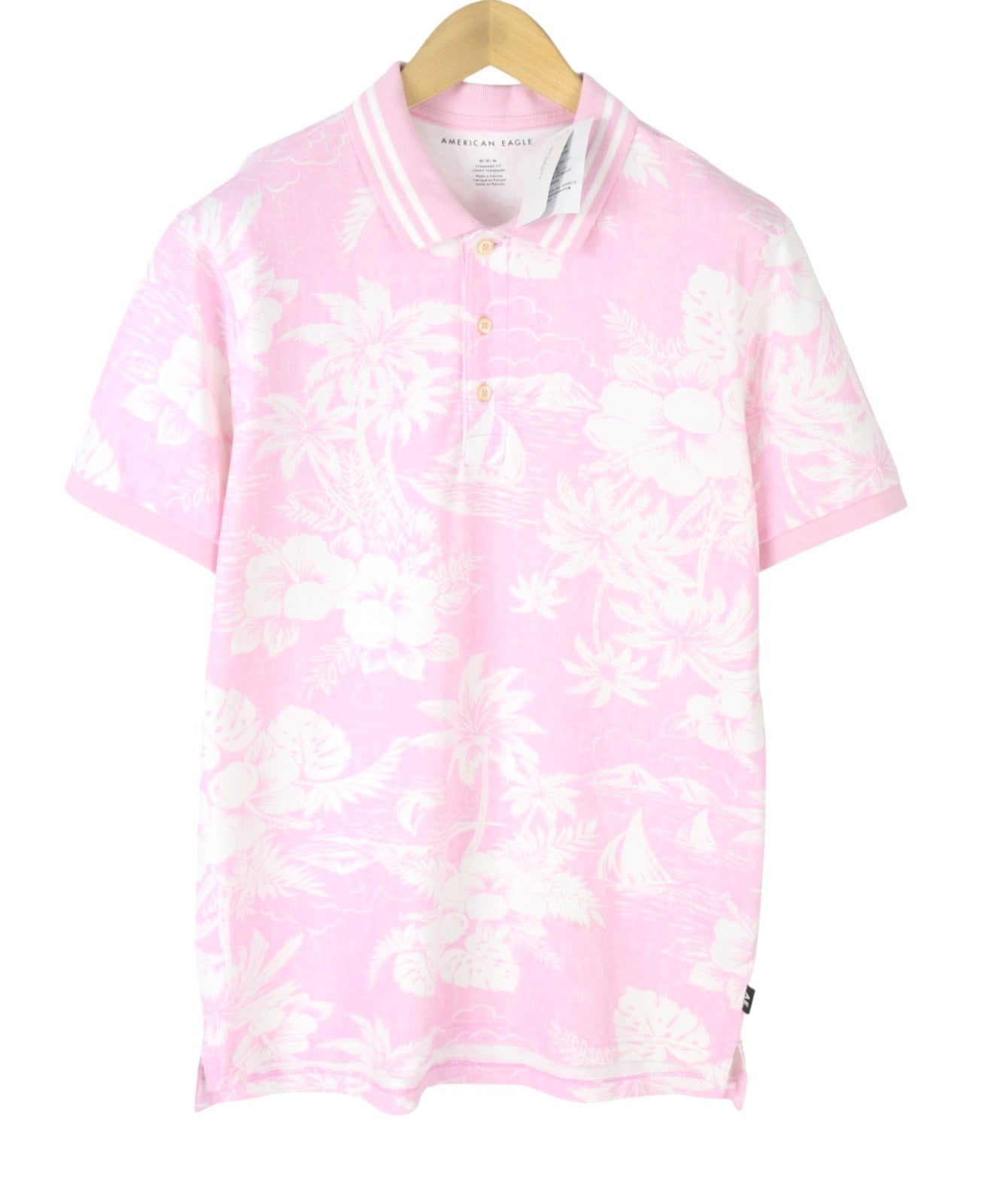 AMERICAN EAGLE OUTFITTERS Men Polos M Pink Floral Pattern Short Sleeves