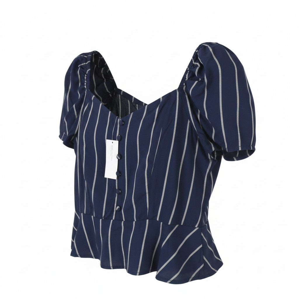 AMERICAN EAGLE OUTFITTERS Women Blouse XL Dark Blue Striped Short Sleeved