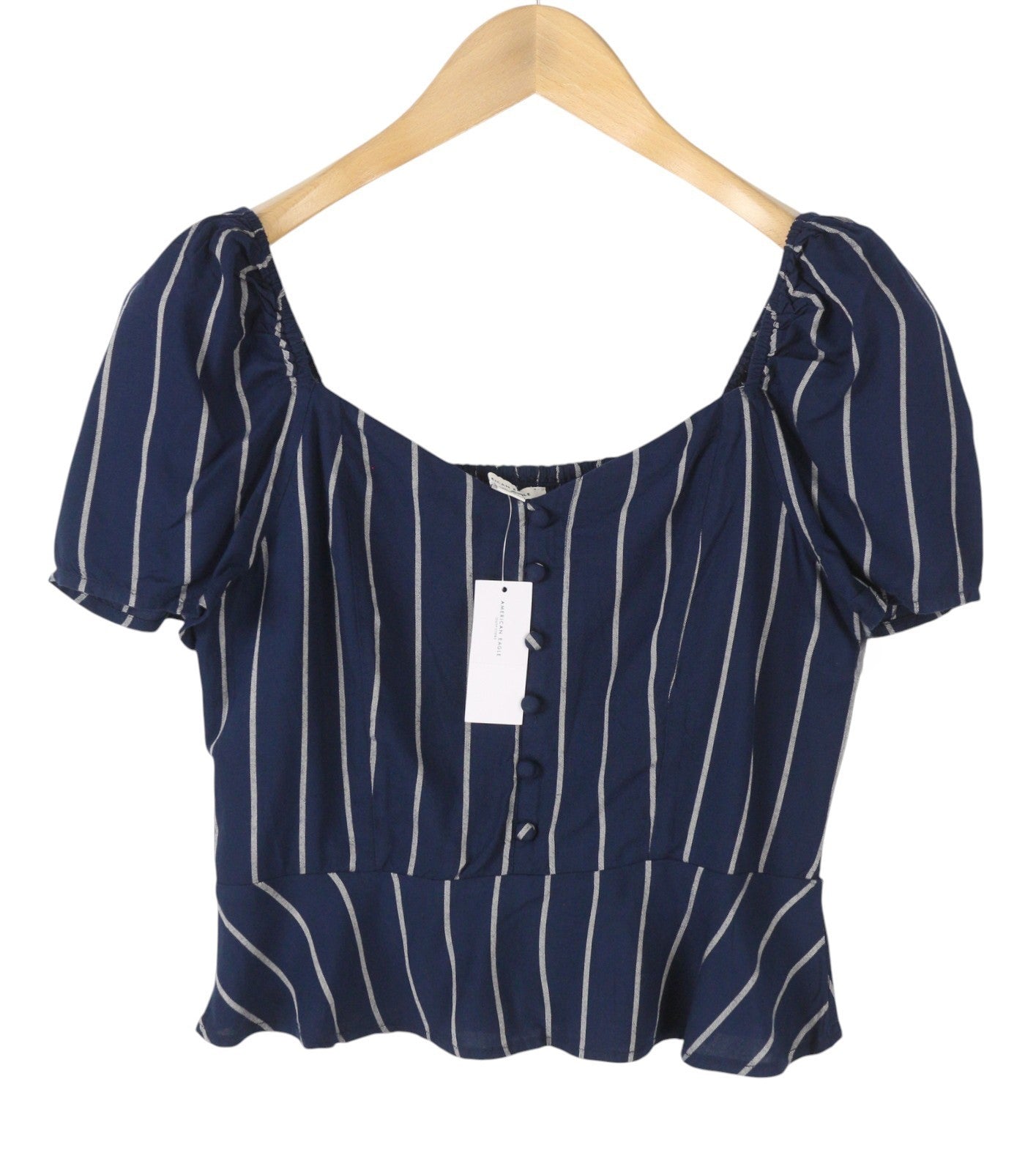 AMERICAN EAGLE OUTFITTERS Women Blouse XL Dark Blue Striped Short Sleeved