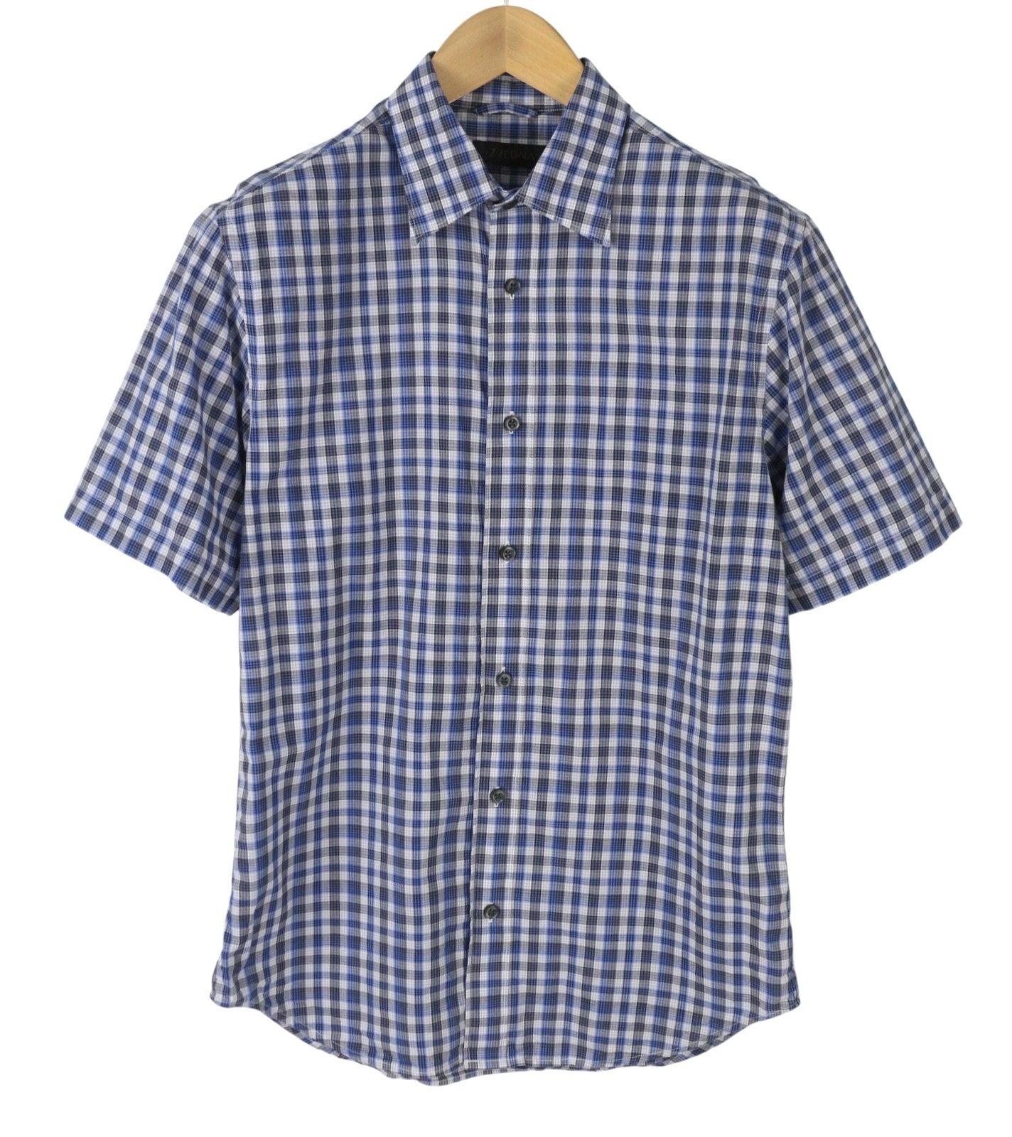 Z ZEGNA Men Shirt M Blue Plaid Button-Up Spread Short Sleeved