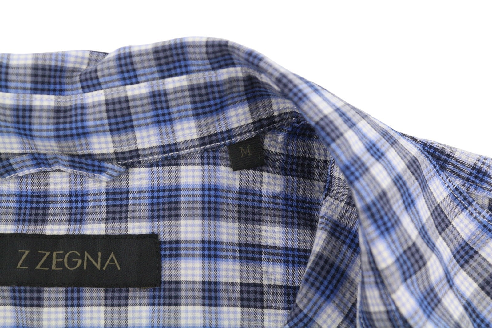 Z ZEGNA Men Shirt M Blue Plaid Button-Up Spread Short Sleeved