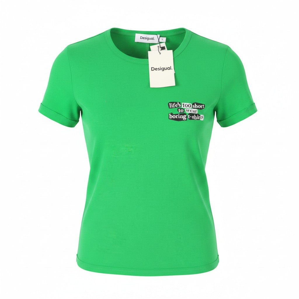 DESIGUAL TS Life Women T-Shirt S Green Tricot Crew Neck Short Sleeve