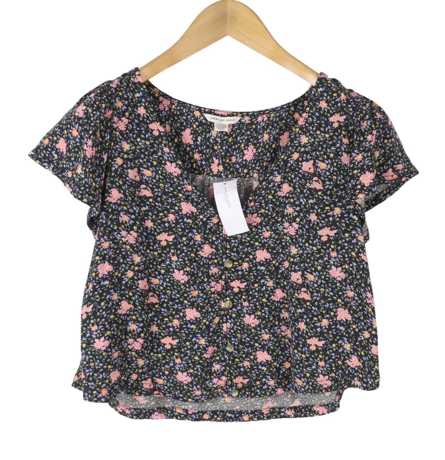 AMERICAN EAGLE OUTFITTERS Women Blouse XS Floral Print Button-Up Short Sleeve