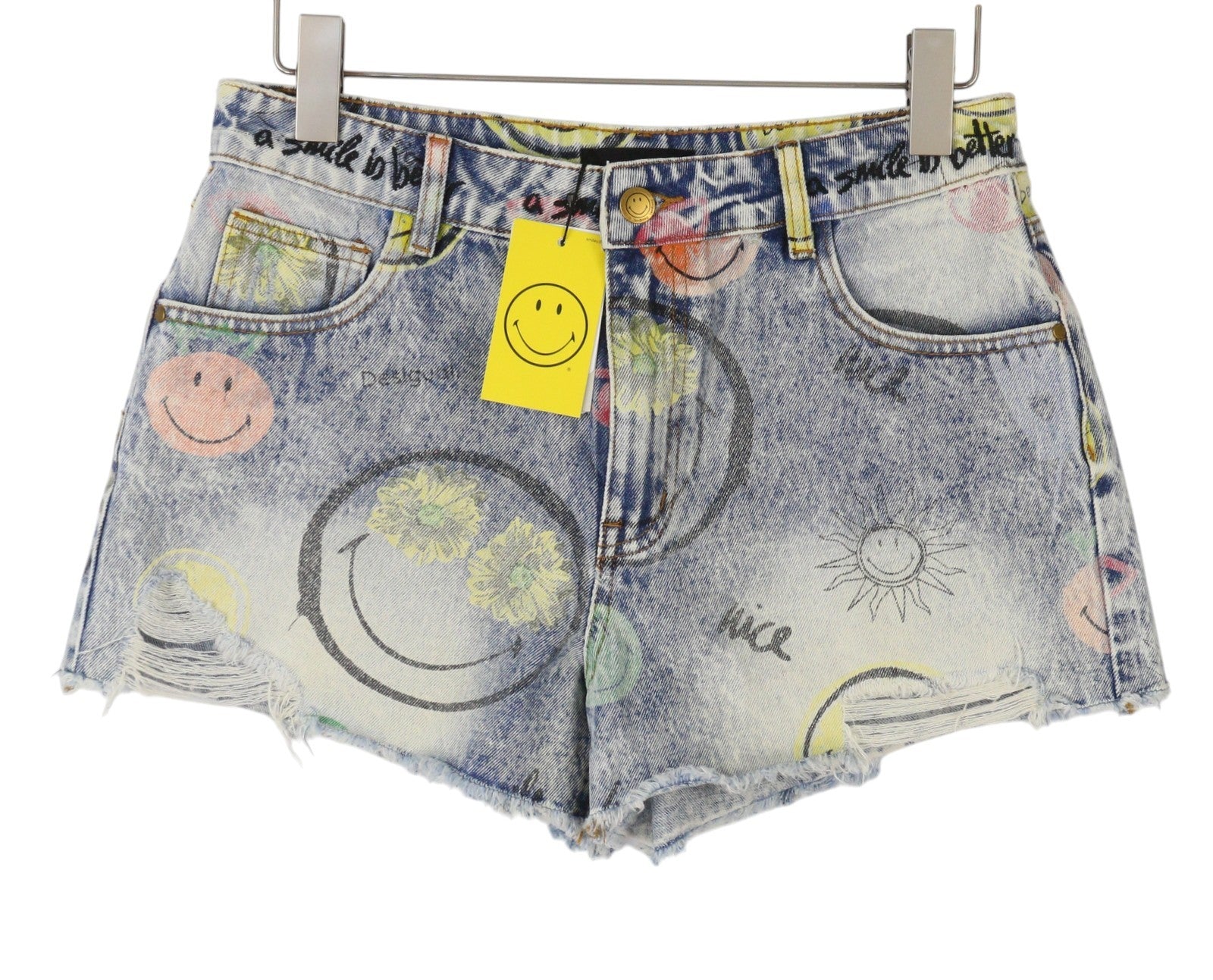 DESIGUAL Denim Smiley Women Shorts EU40 W31 Blue Patterned Faded Distress