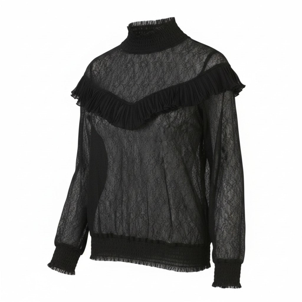 CULTURE Jeamanie Women Blouse M Black Lace Details Transparent Long Sleeved