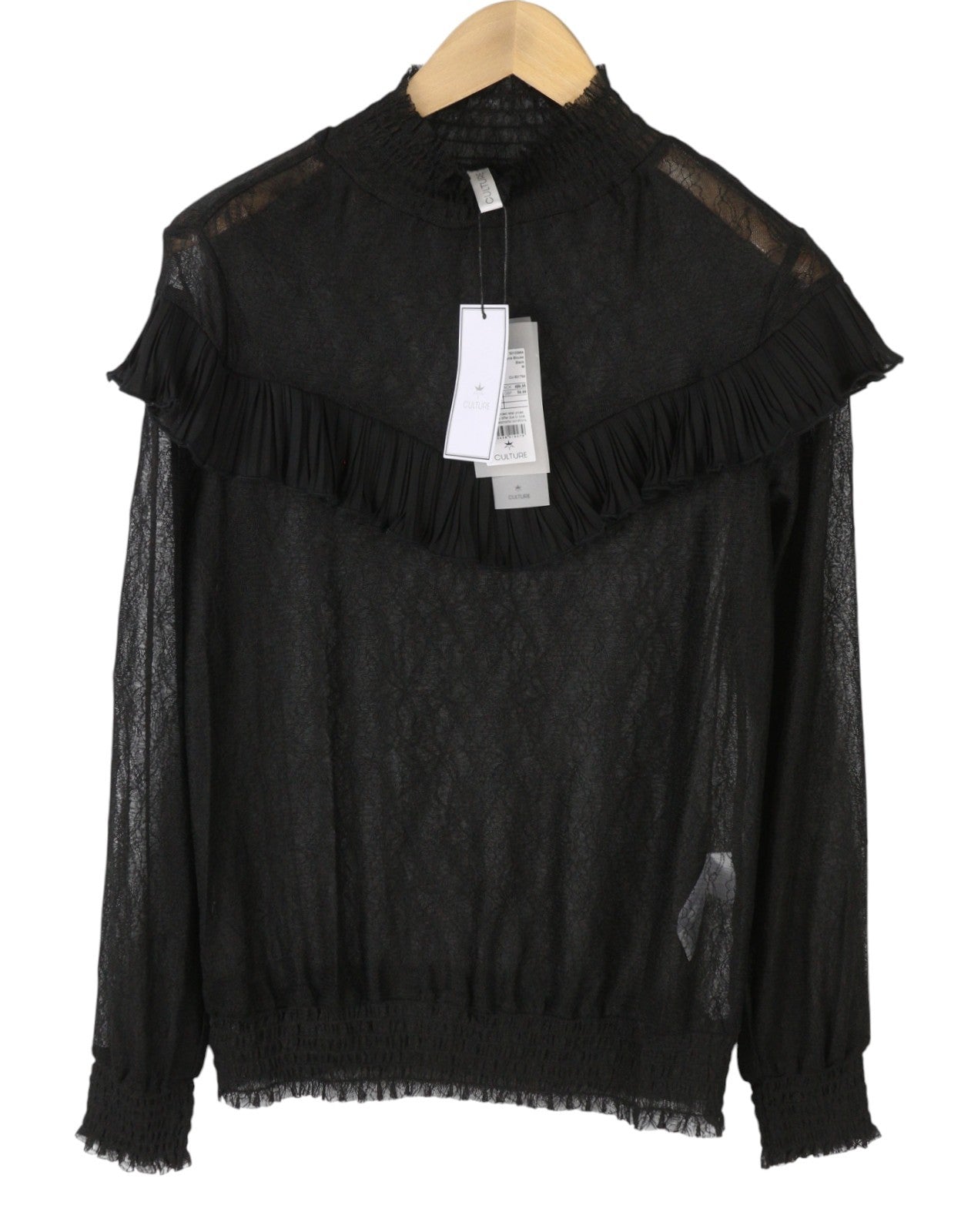 CULTURE Jeamanie Women Blouse M Black Lace Details Transparent Long Sleeved