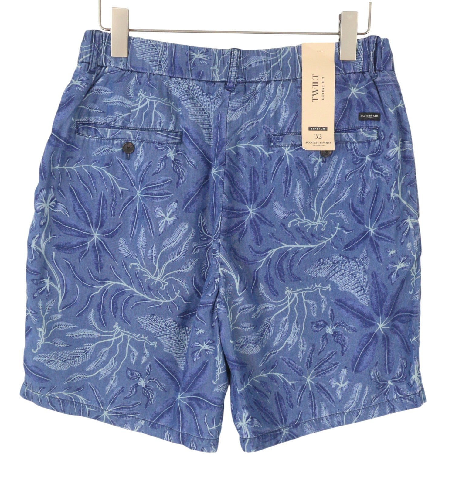 SCOTCH & SODA Twilt Men Shorts W32 Blue Leafs Pattern Loose Fit Stretch Tencel
